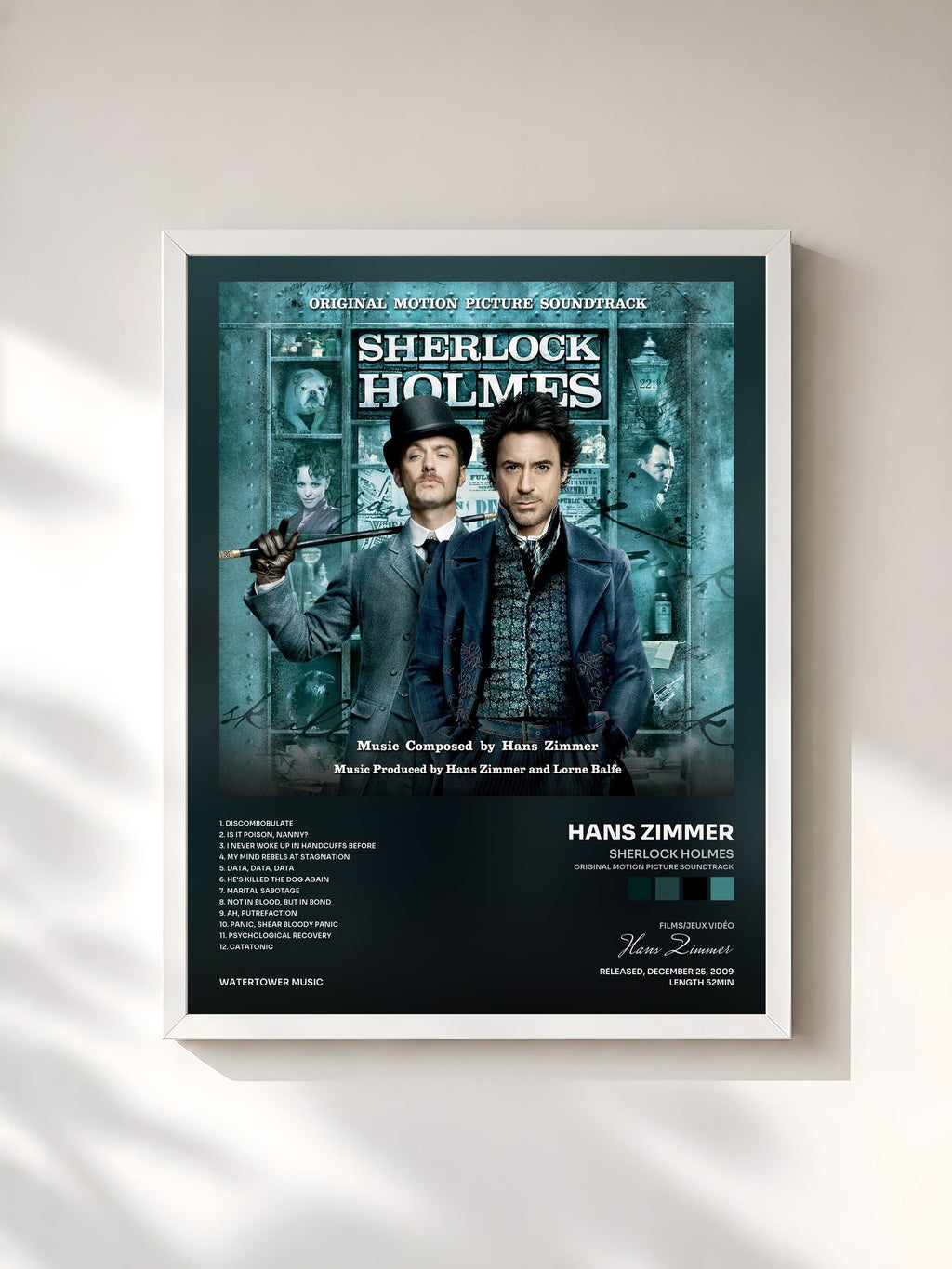 #blanc Sherlock Holmes (Original Motion Picture Soundtrack) di Hans Zimmer in stampa incorniciata, cornice bianca, stampata e incorniciata in Francia