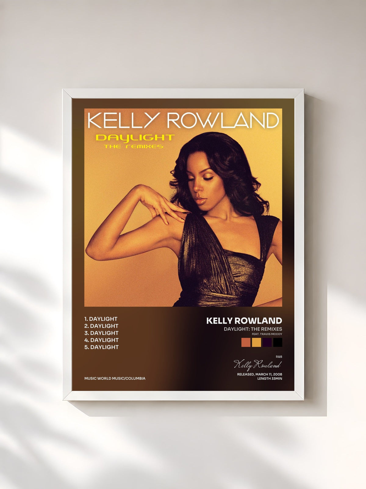 #blanc Tableau de l'album Daylight: The Remixes (feat. Travis McCoy) de Kelly Rowland, cadre blanc, imprimé et encadré en France