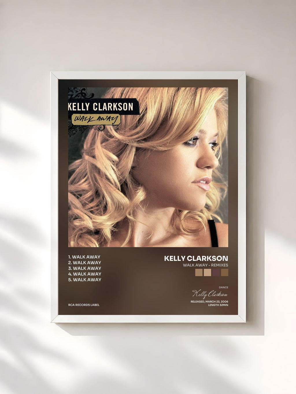 #blanc Tableau de l'album Walk Away - Remixes de Kelly Clarkson, cadre blanc, imprimé et encadré en France