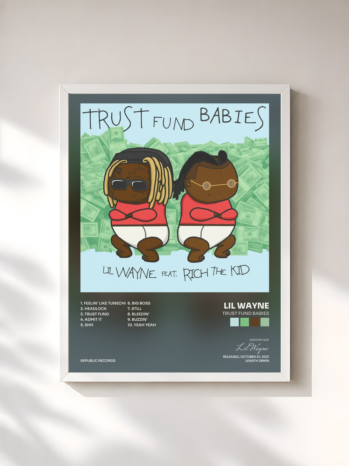 #blanc Trust Fund Babies von Lil Wayne als gerahmter Kunstdruck, weißer Rahmen, gedruckt und gerahmt in Frankreich