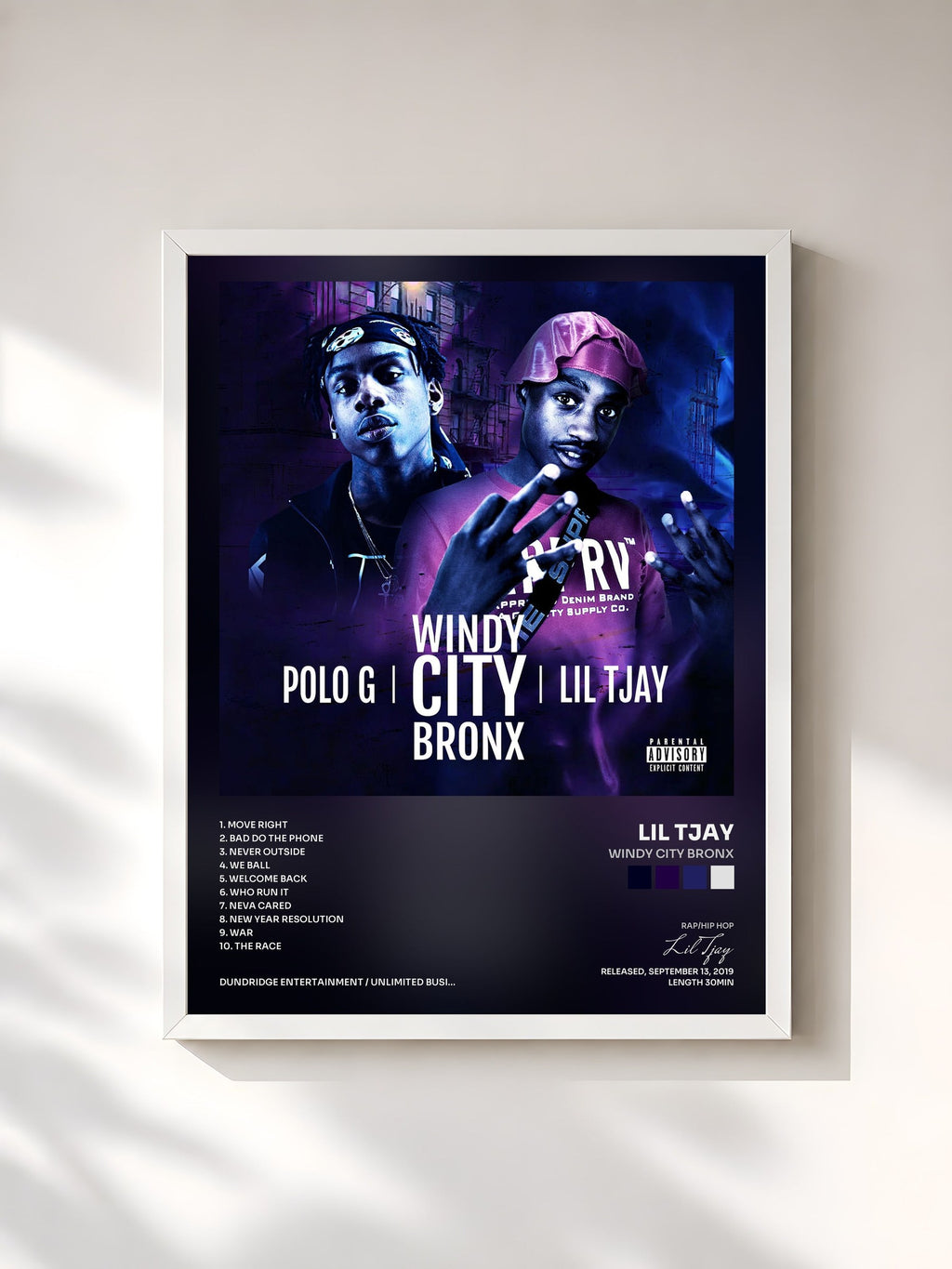 #blanc Tableau de l'album Windy City Bronx de Lil Tjay, cadre blanc, imprimé et encadré en France