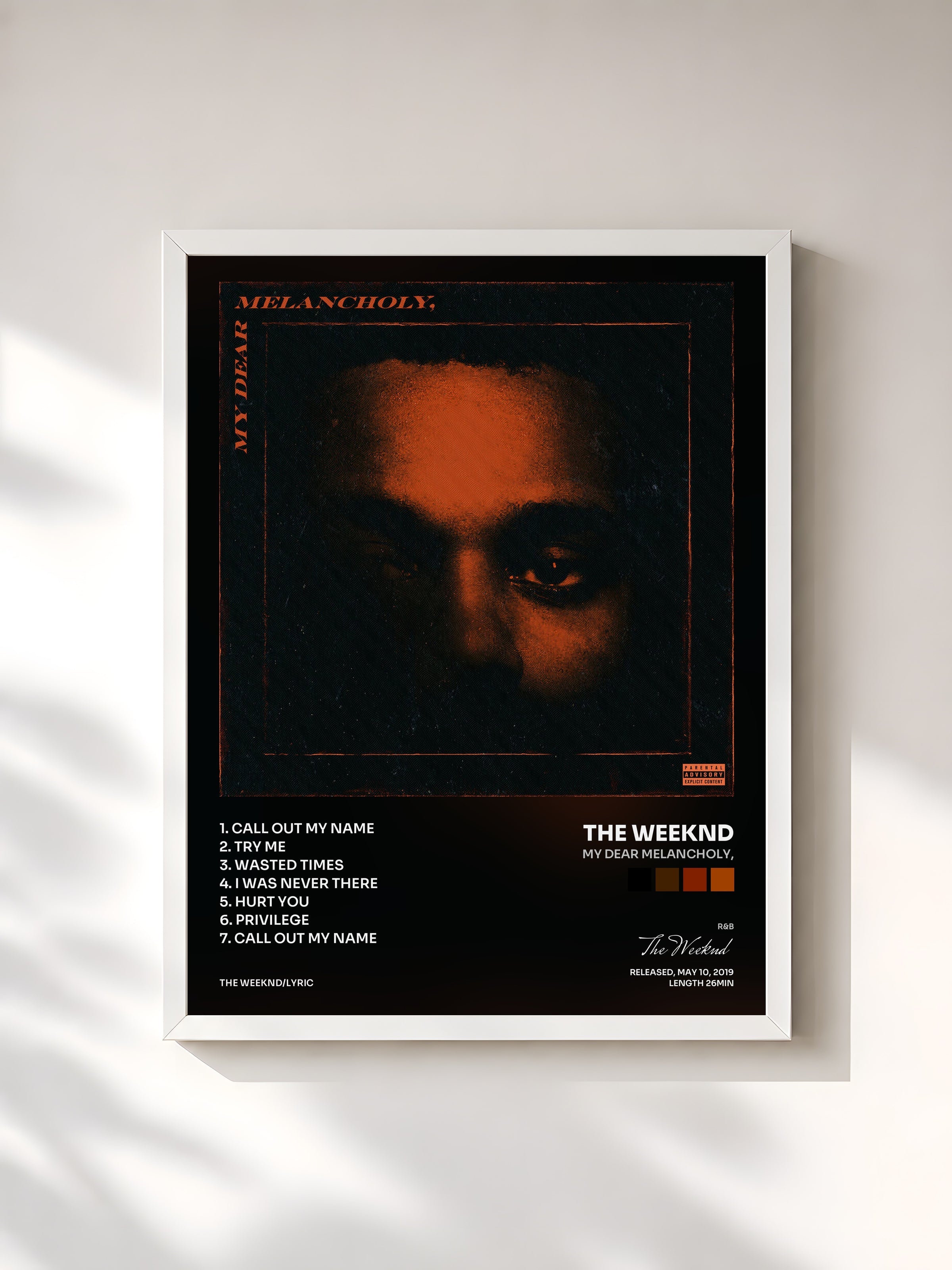 #blanc Tableau de l'album My Dear Melancholy, de The Weeknd, cadre blanc, imprimé et encadré en France