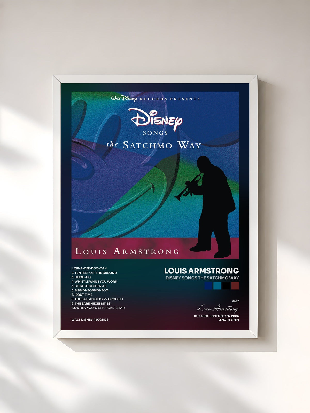 #blanc Tableau de l'album Disney Songs The Satchmo Way de Louis Armstrong, cadre blanc, imprimé et encadré en France
