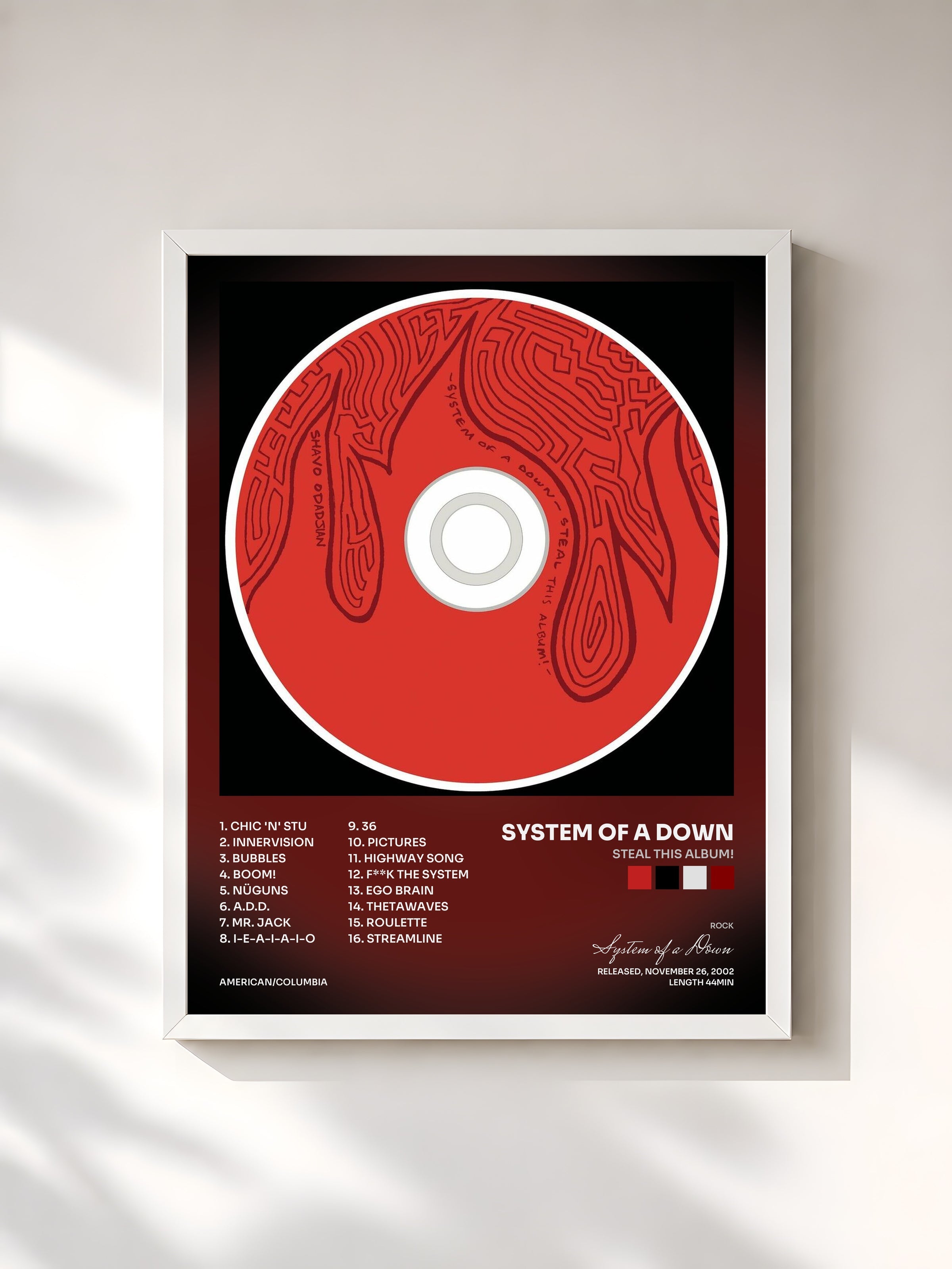 #blanc Steal This Album! de System of a Down en lámina enmarcada, marco blanco, impresa y enmarcada en Francia