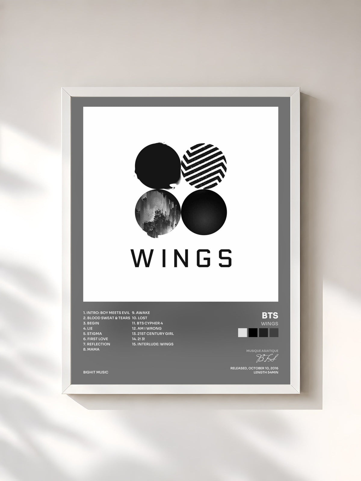#blanc Tableau de l'album Wings de BTS, cadre blanc, imprimé et encadré en France