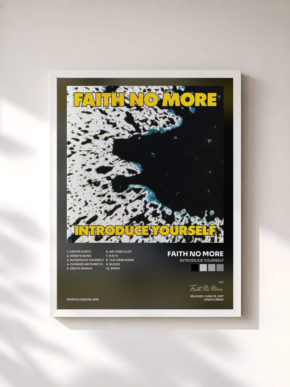 #blanc Tableau de l'album Introduce Yourself de Faith No More, cadre blanc, imprimé et encadré en France