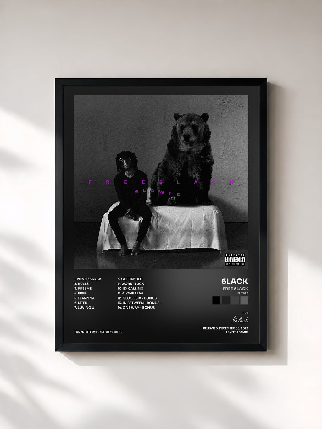 #noir Tableau de l'album FREE 6LACK (Slowed) de 6lack, cadre noir, imprimé et encadré en France