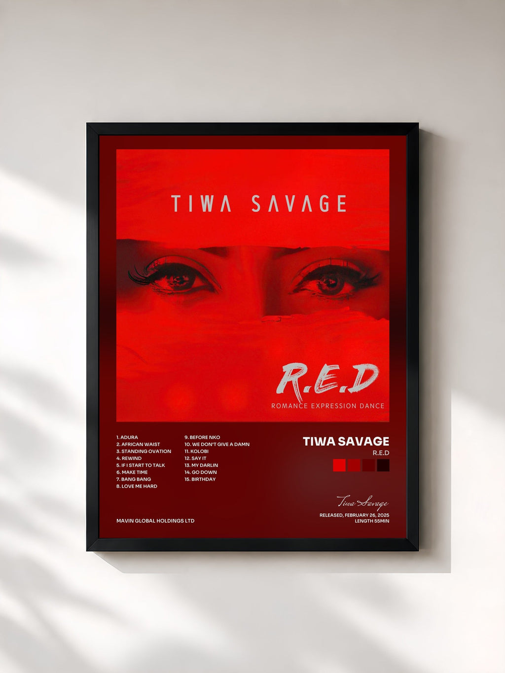#noir R.E.D by Tiwa Savage as a framed art print, black frame, printed and framed in France