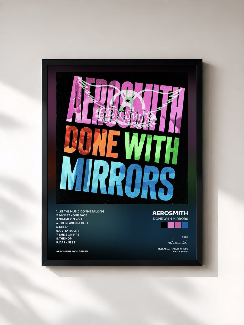 #noir Tableau de l'album Done With Mirrors de Aerosmith, cadre noir, imprimé et encadré en France