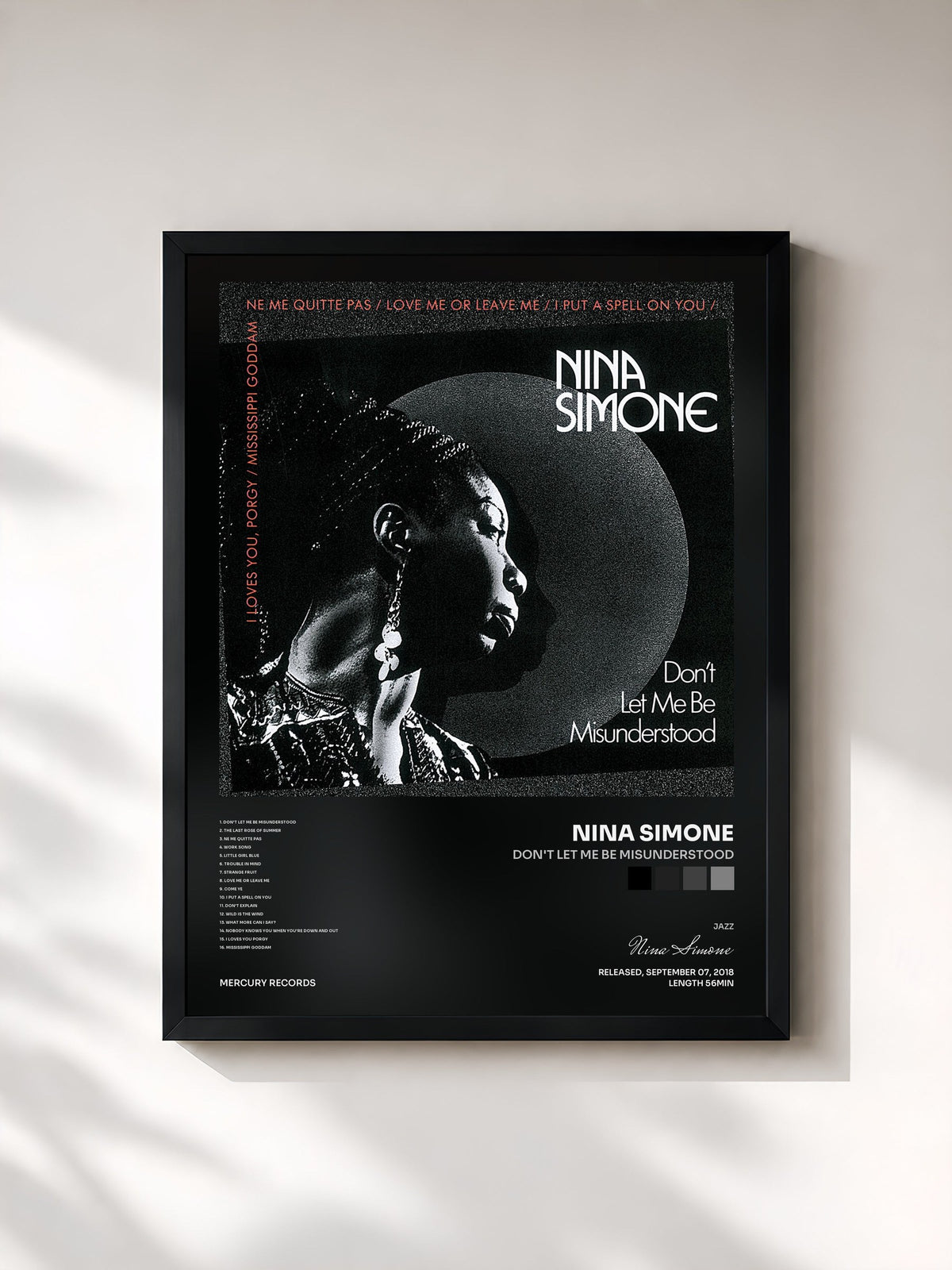 #noir Tableau de l'album Don't Let Me Be Misunderstood de Nina Simone, cadre noir, imprimé et encadré en France