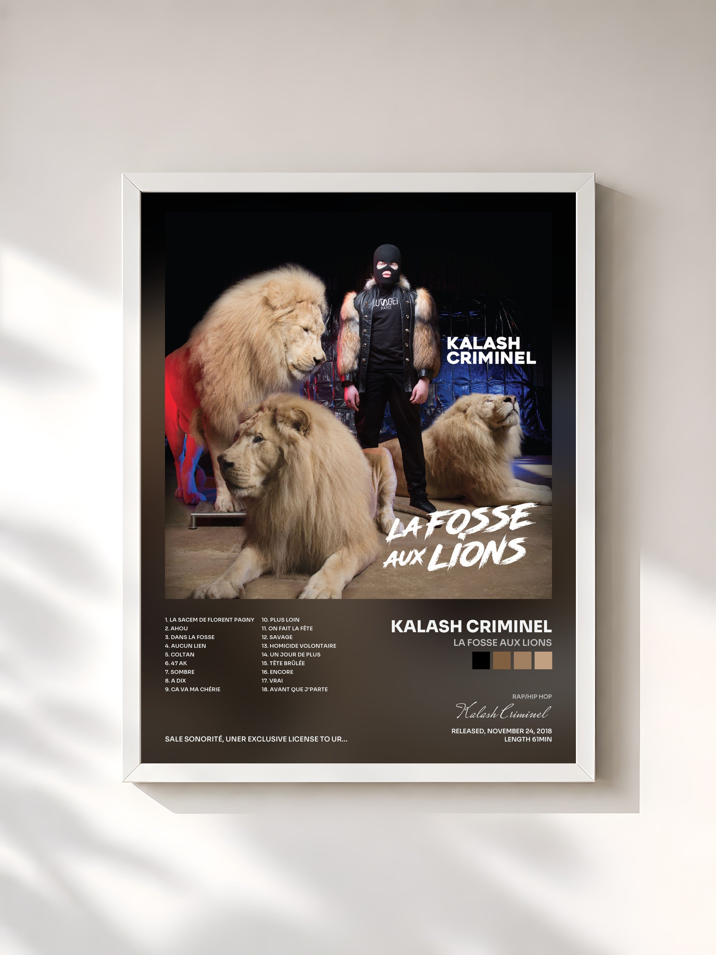 #blanc Tableau de l'album La fosse aux lions de Kalash Criminel, cadre blanc, imprimé et encadré en France