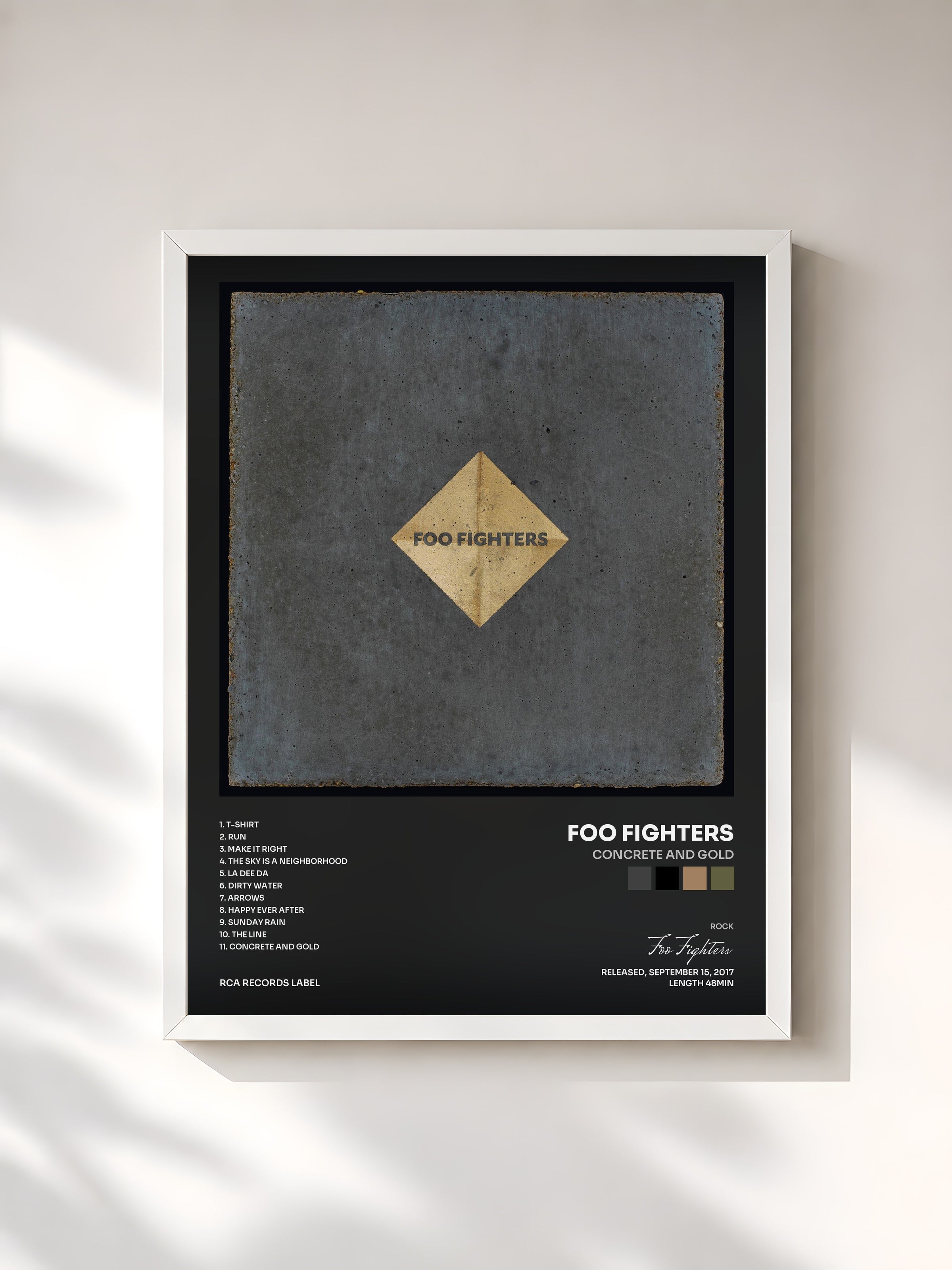 #blanc Concrete and Gold by Foo Fighters as a framed art print, white frame, printed and framed in France