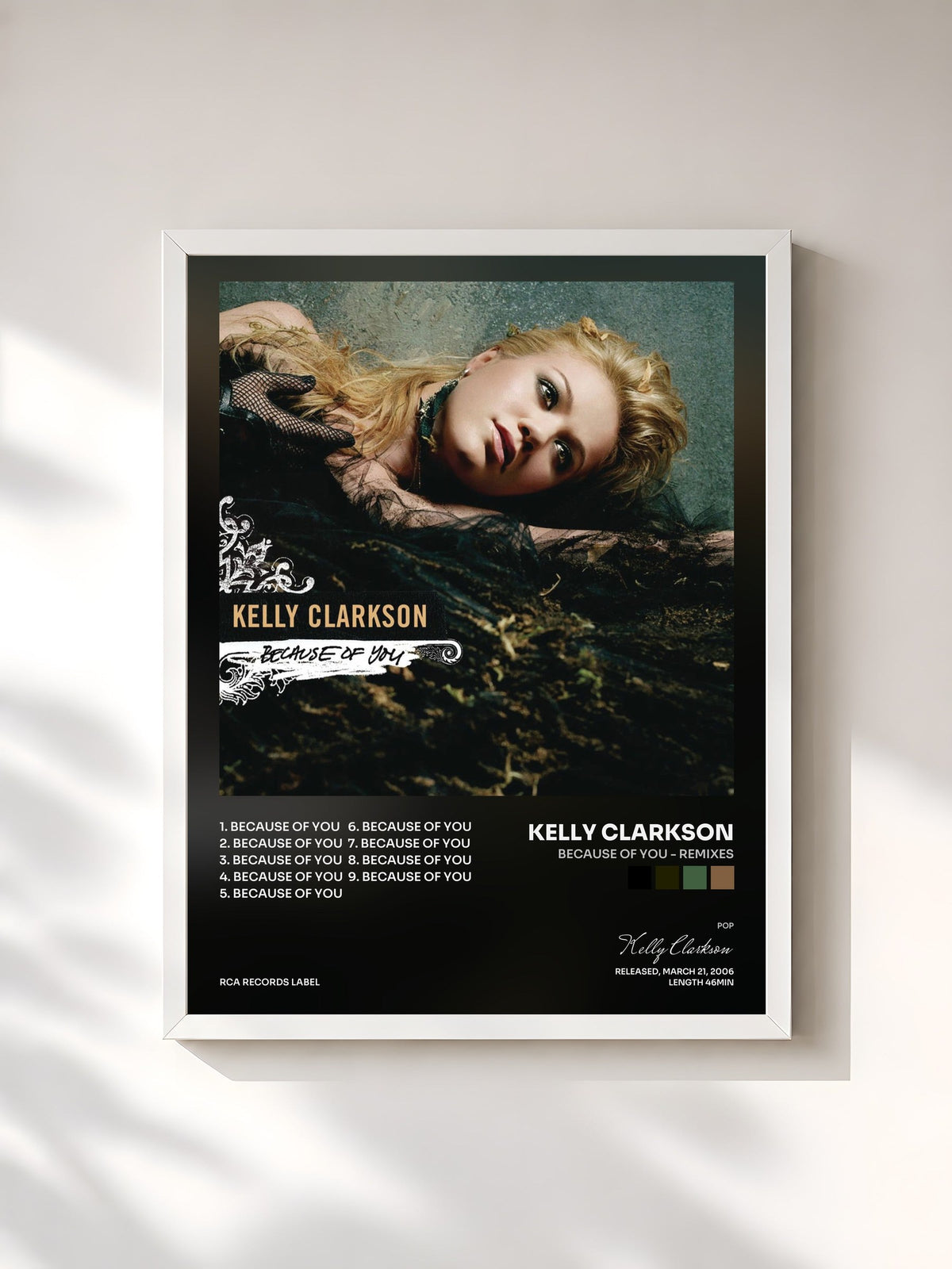 #blanc Tableau de l'album Because Of You - Remixes de Kelly Clarkson, cadre blanc, imprimé et encadré en France