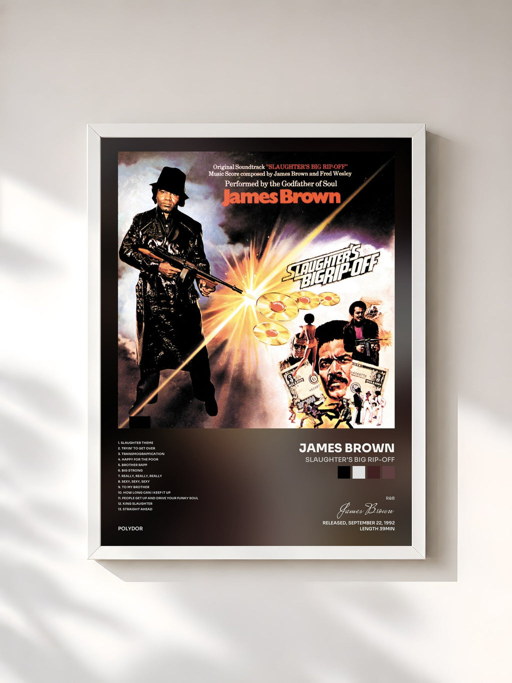 #blanc Slaughter's Big Rip-Off de James Brown en lámina enmarcada, marco blanco, impresa y enmarcada en Francia