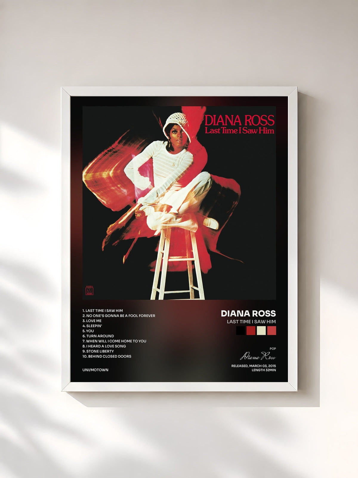 #blanc Tableau de l'album Last Time I Saw Him de Diana Ross, cadre blanc, imprimé et encadré en France