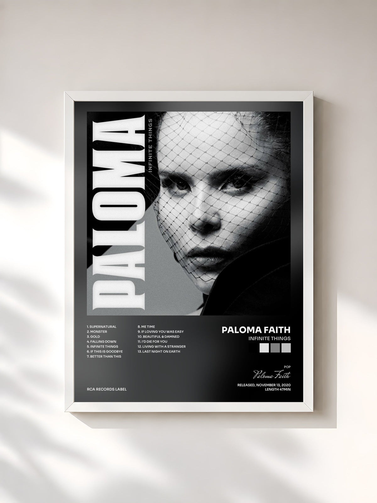 #blanc Tableau de l'album Infinite Things de Paloma Faith, cadre blanc, imprimé et encadré en France