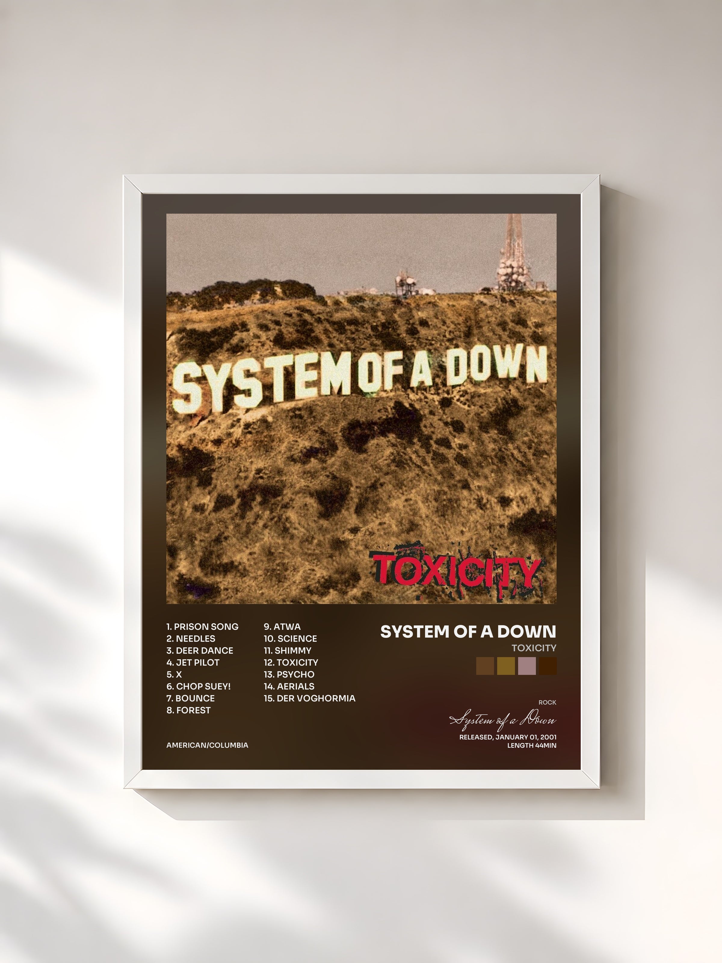 #blanc Tableau de l'album Toxicity de System of a Down, cadre blanc, imprimé et encadré en France