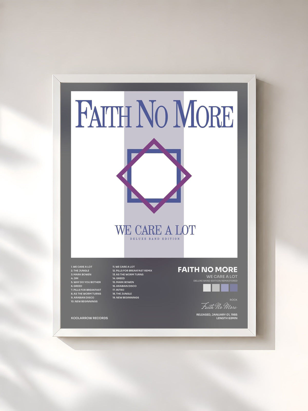 #blanc Tableau de l'album We Care a Lot (Deluxe Band Edition Remastered) de Faith No More, cadre blanc, imprimé et encadré en France