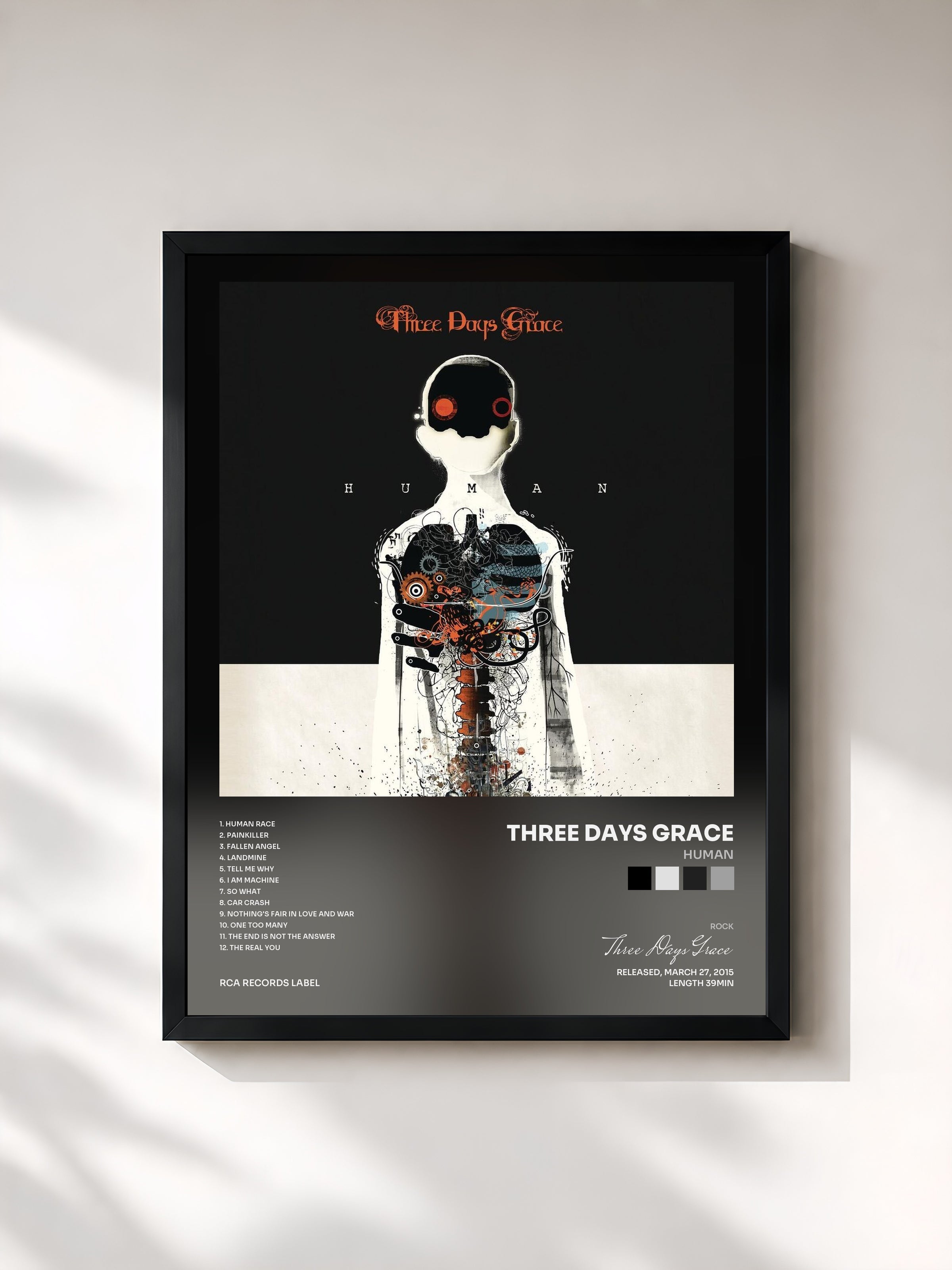 #noir Tableau de l'album Human de Three Days Grace, cadre noir, imprimé et encadré en France