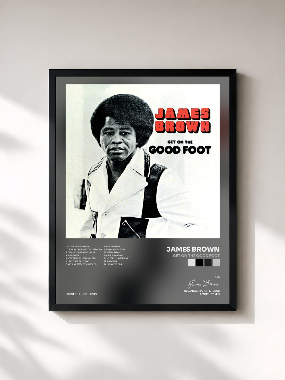 #noir Tableau de l'album Get On The Good Foot de James Brown, cadre noir, imprimé et encadré en France