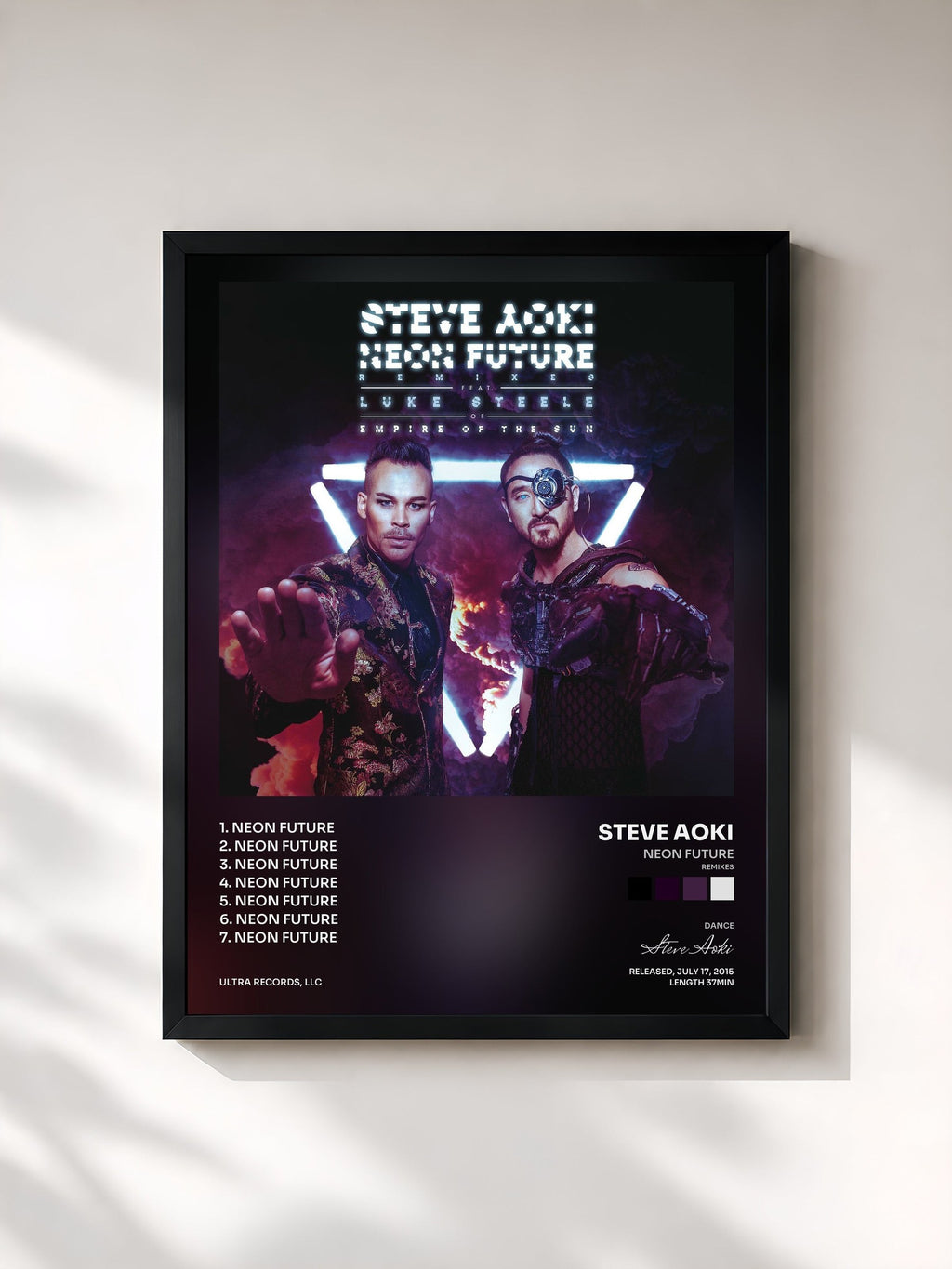 #noir Tableau de l'album Neon Future (Remixes) de Steve Aoki, cadre noir, imprimé et encadré en France