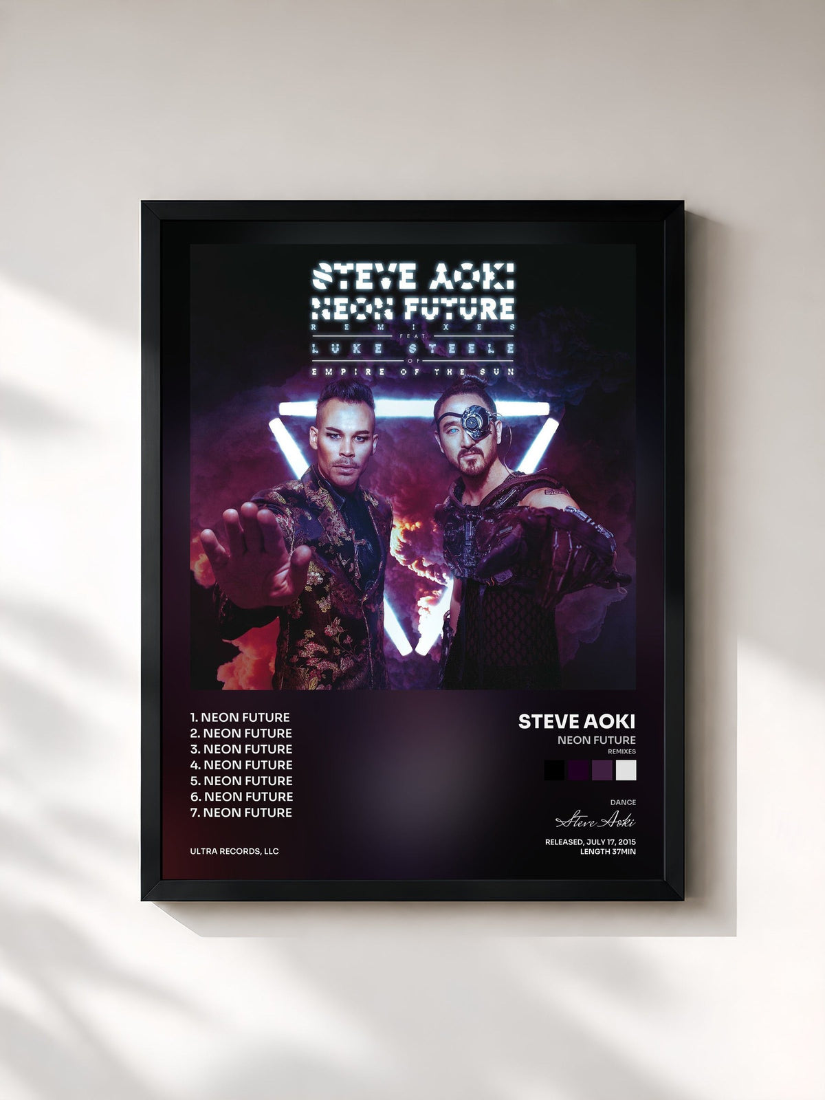 #noir Tableau de l'album Neon Future (Remixes) de Steve Aoki, cadre noir, imprimé et encadré en France