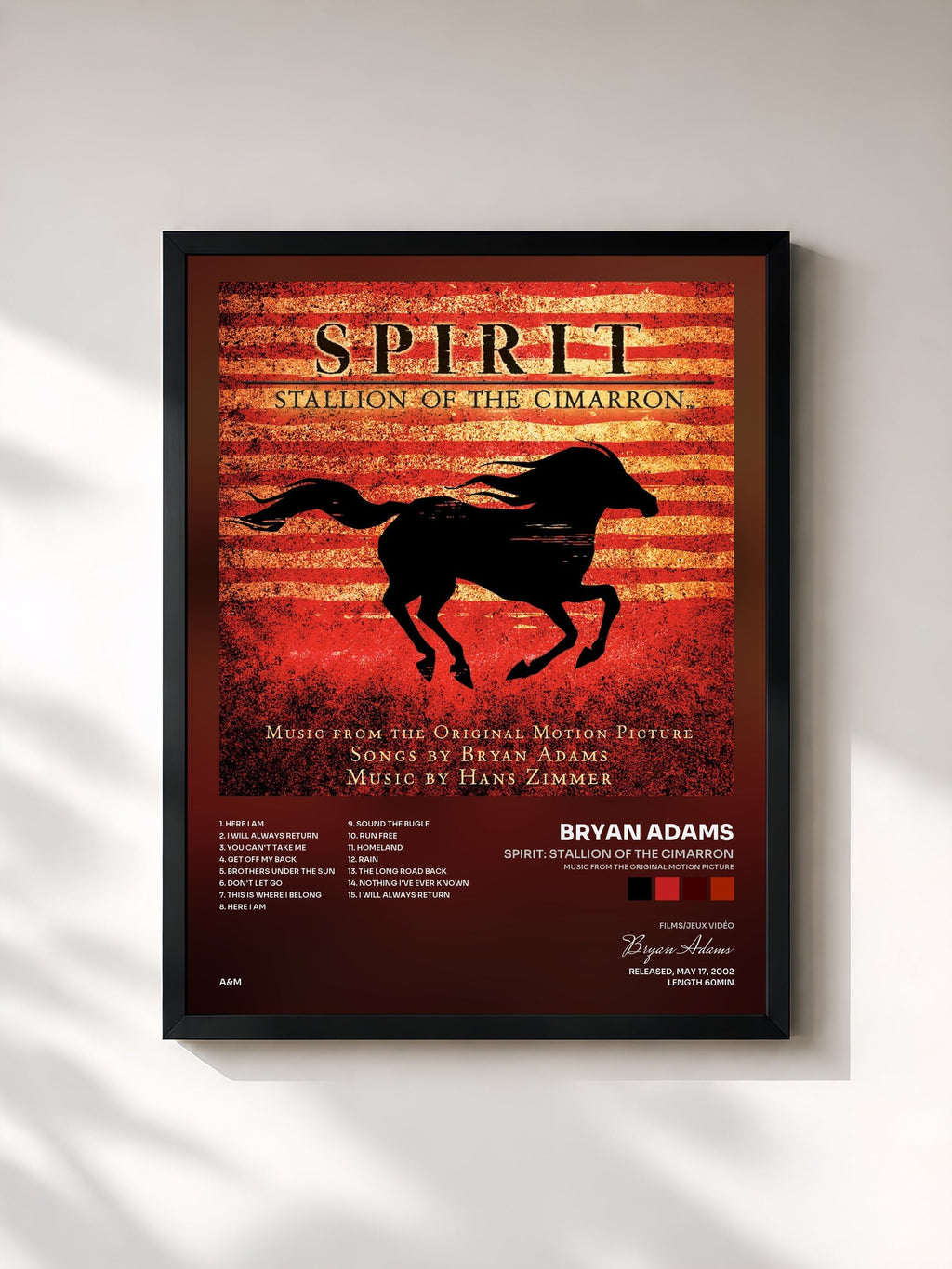 #noir Tableau de l'album Spirit: Stallion Of The Cimarron (Music From The Original Motion Picture) de Bryan Adams, cadre noir, imprimé et encadré en France