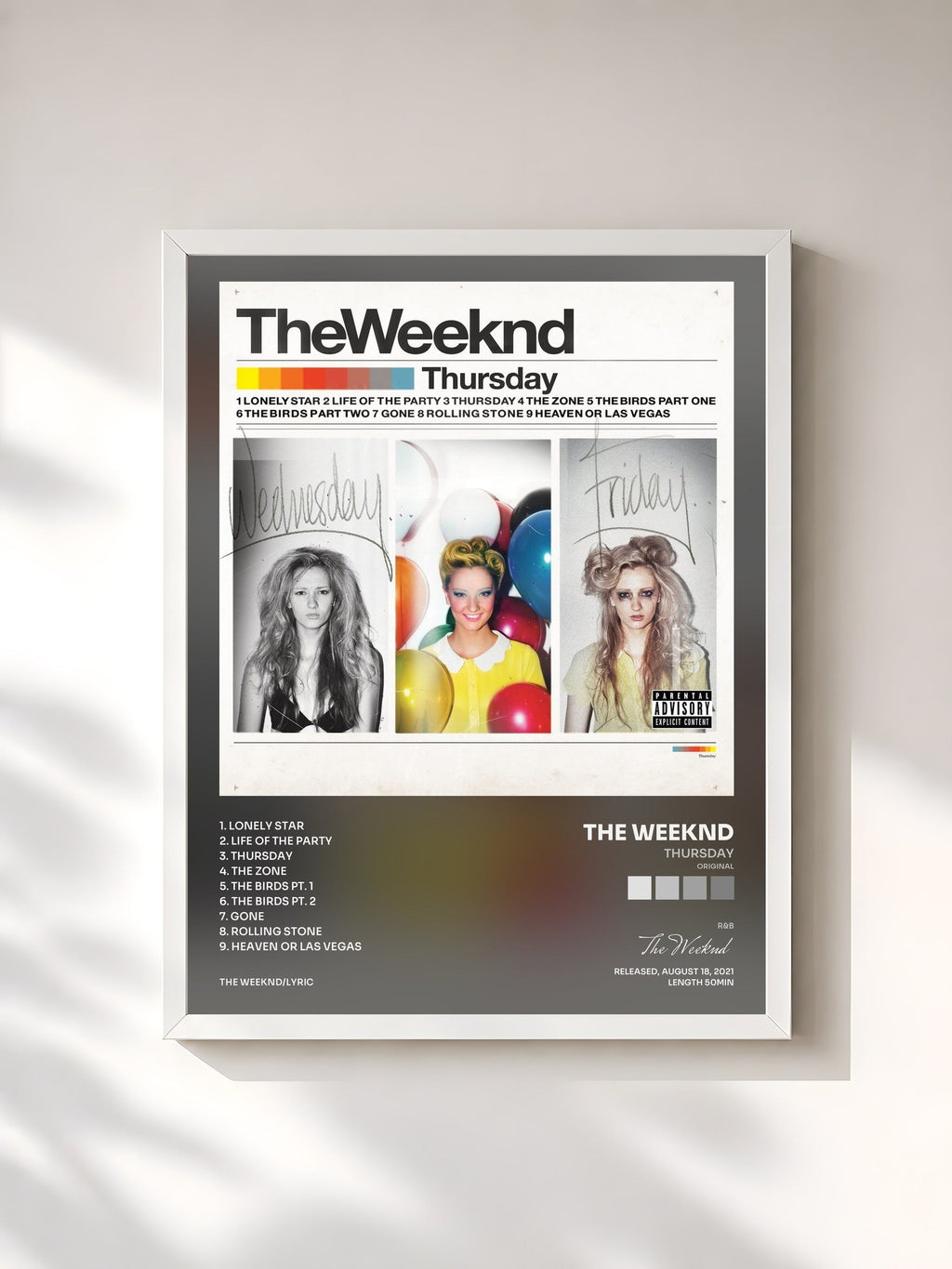 #blanc Tableau de l'album Thursday (Original) de The Weeknd, cadre blanc, imprimé et encadré en France