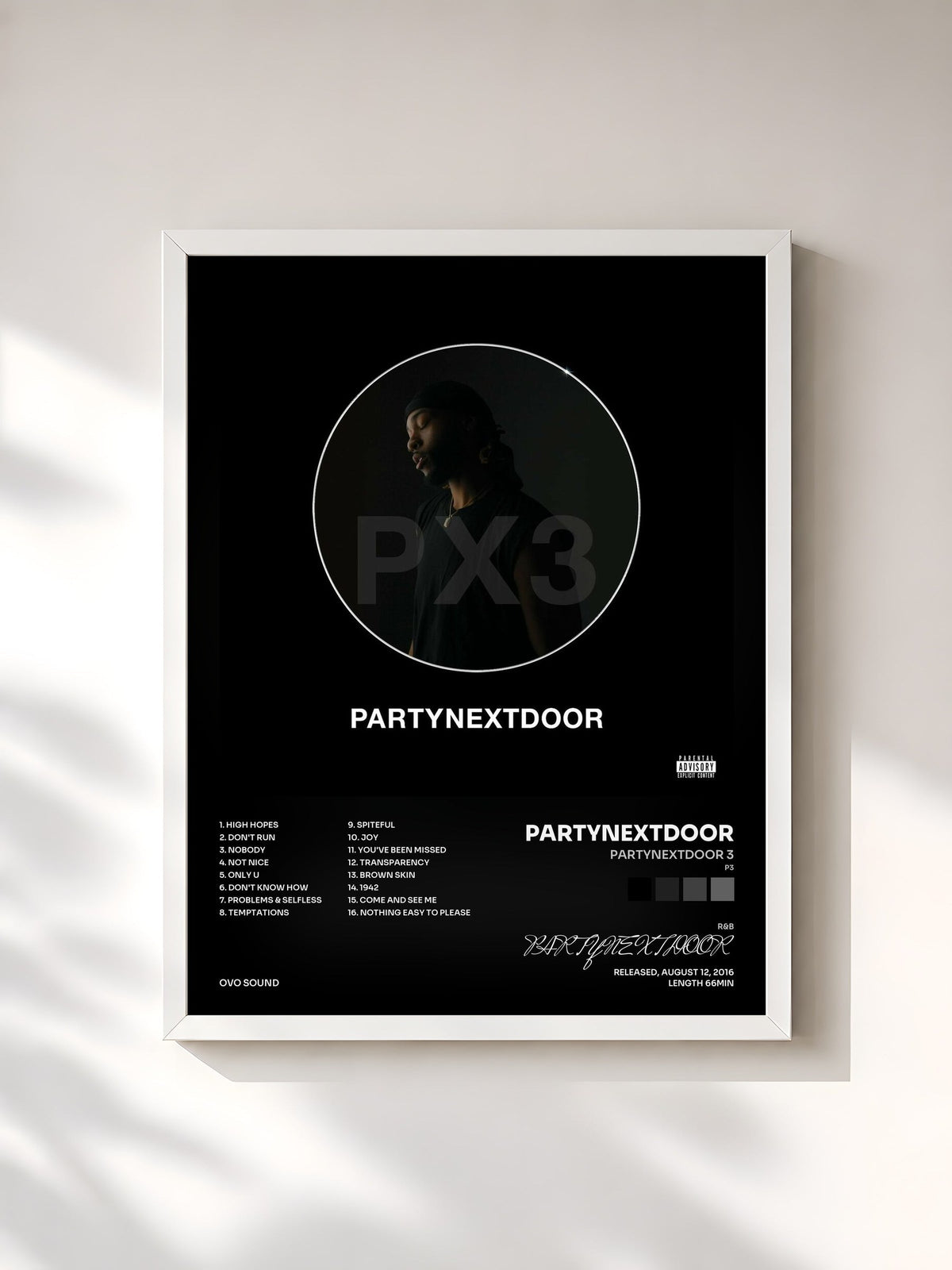 #blanc PARTYNEXTDOOR 3 (P3) von PARTYNEXTDOOR als gerahmter Kunstdruck, weißer Rahmen, gedruckt und gerahmt in Frankreich