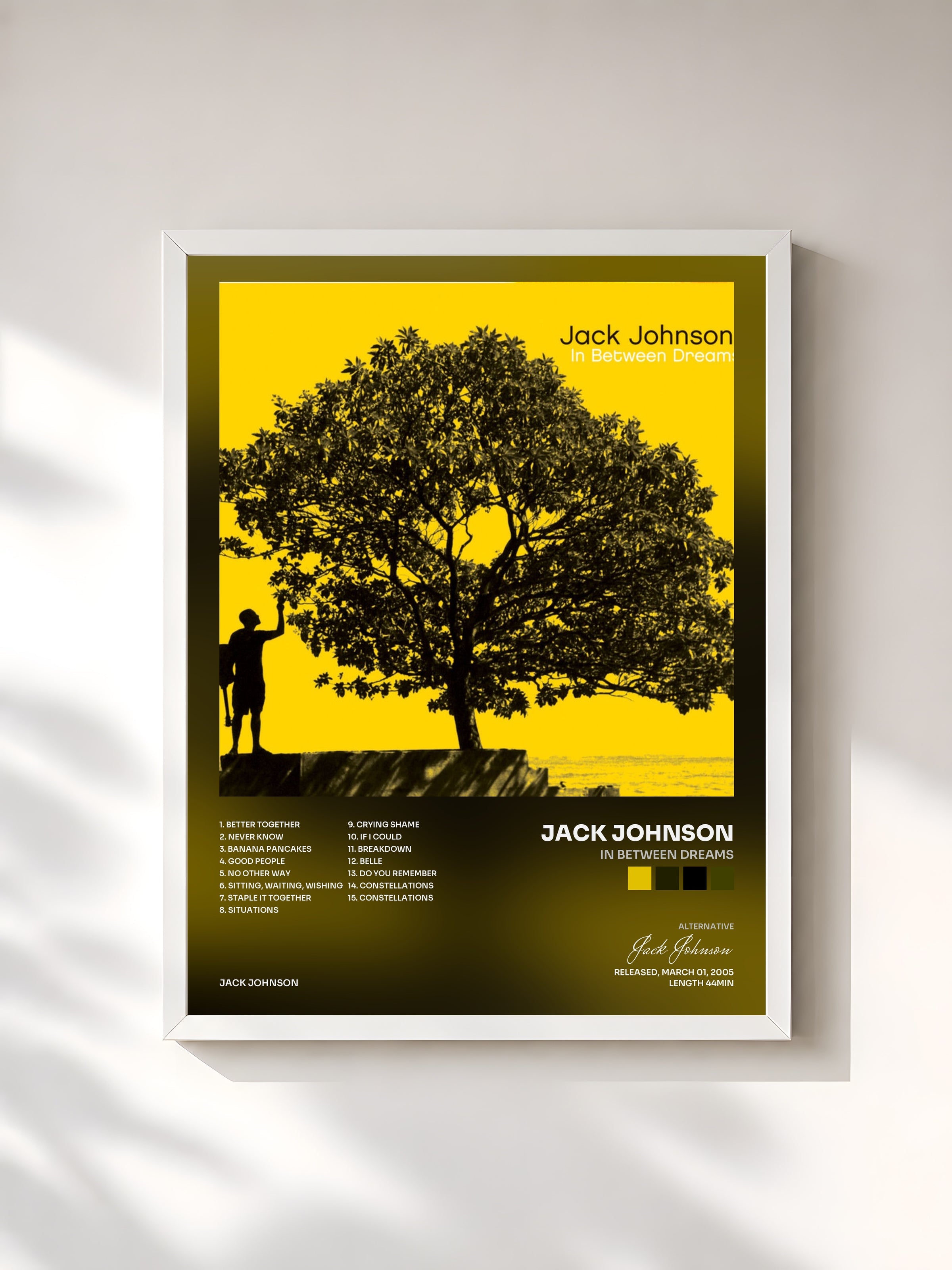 #blanc Tableau de l'album In Between Dreams de Jack Johnson, cadre blanc, imprimé et encadré en France