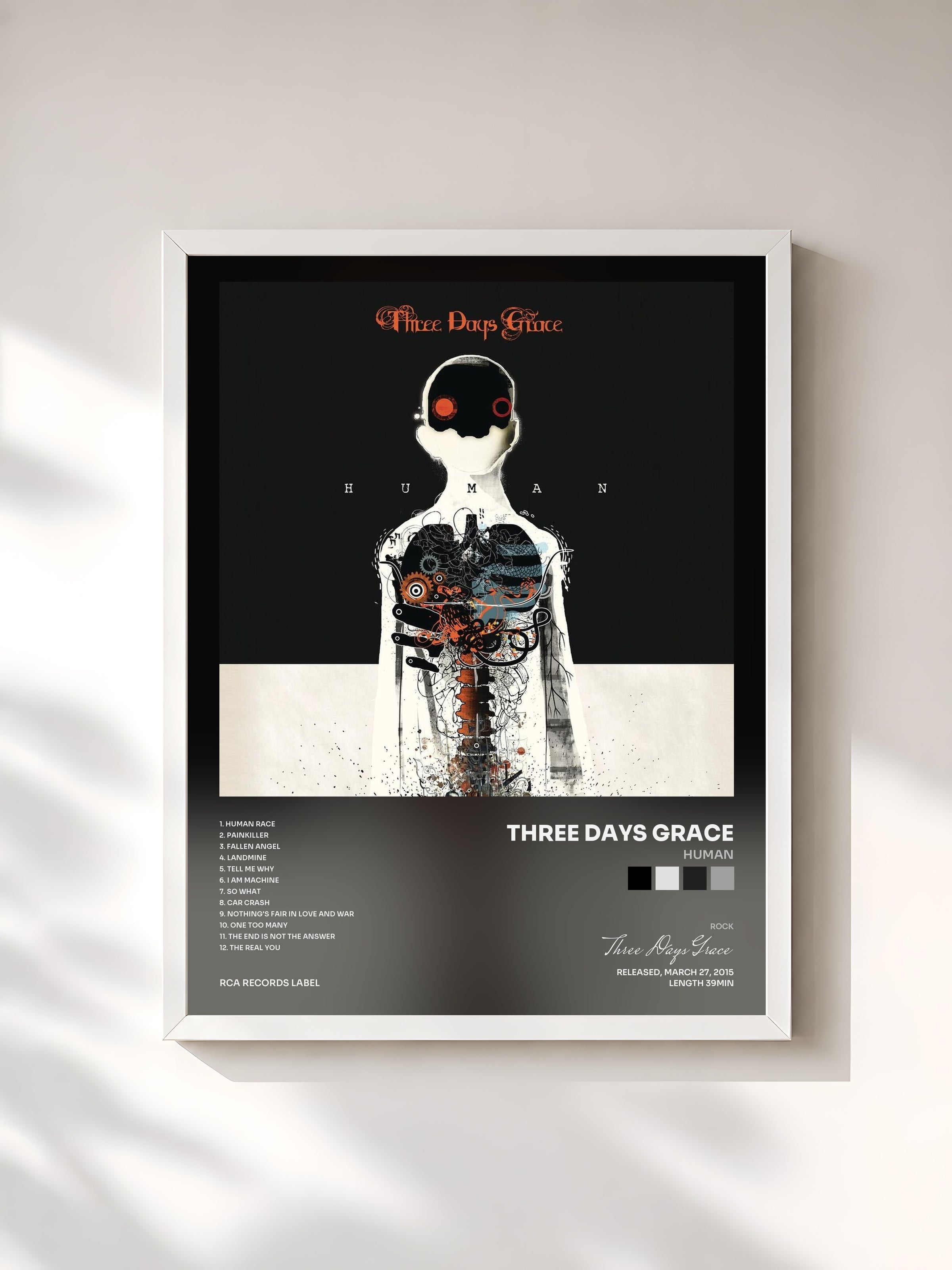 #blanc Tableau de l'album Human de Three Days Grace, cadre blanc, imprimé et encadré en France