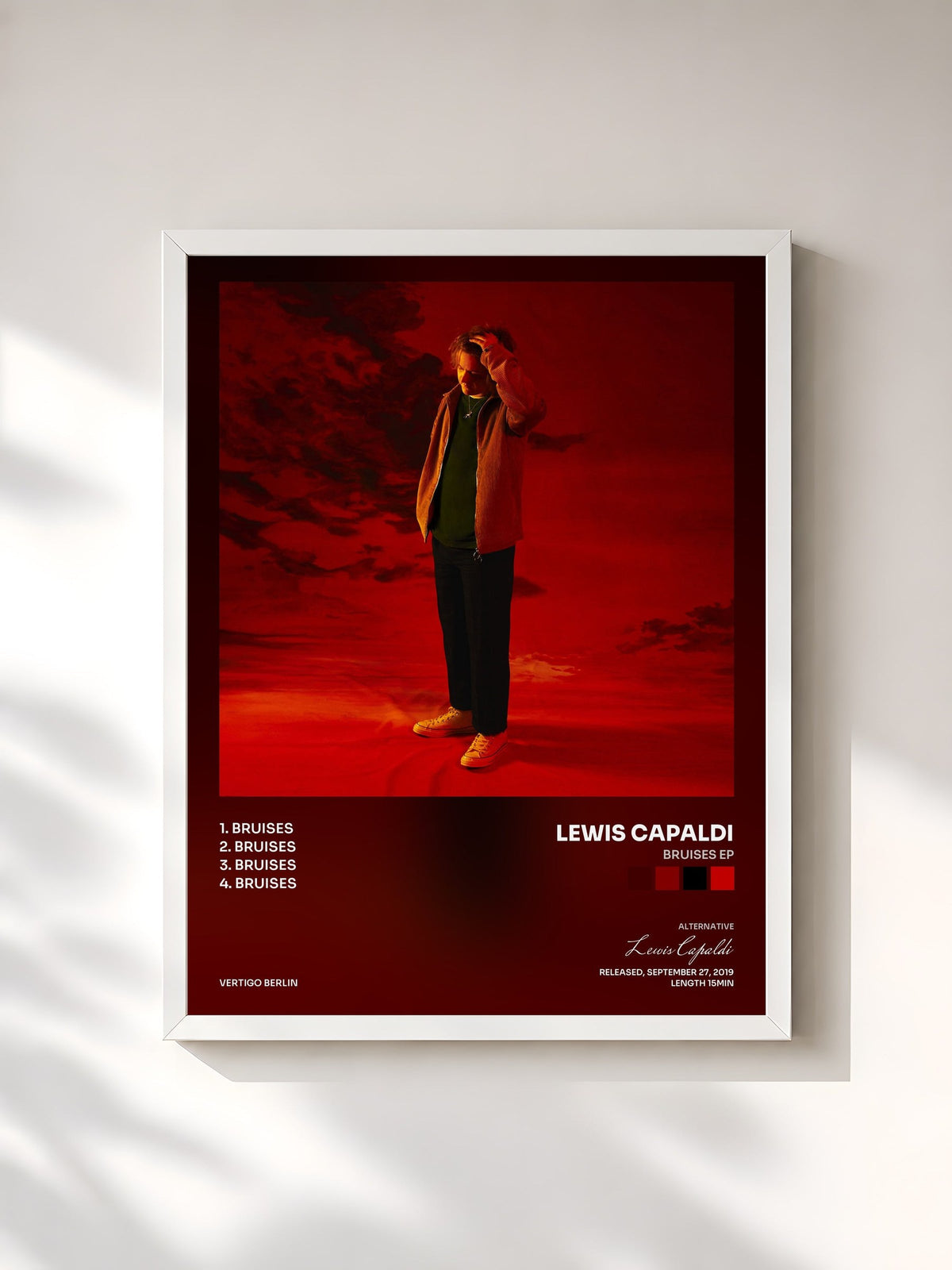 #blanc Tableau de l'album Bruises EP de Lewis Capaldi, cadre blanc, imprimé et encadré en France