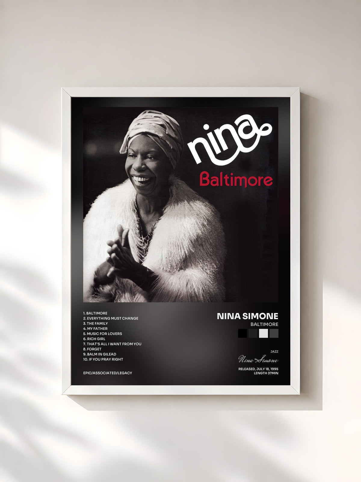 #blanc Tableau de l'album Baltimore de Nina Simone, cadre blanc, imprimé et encadré en France