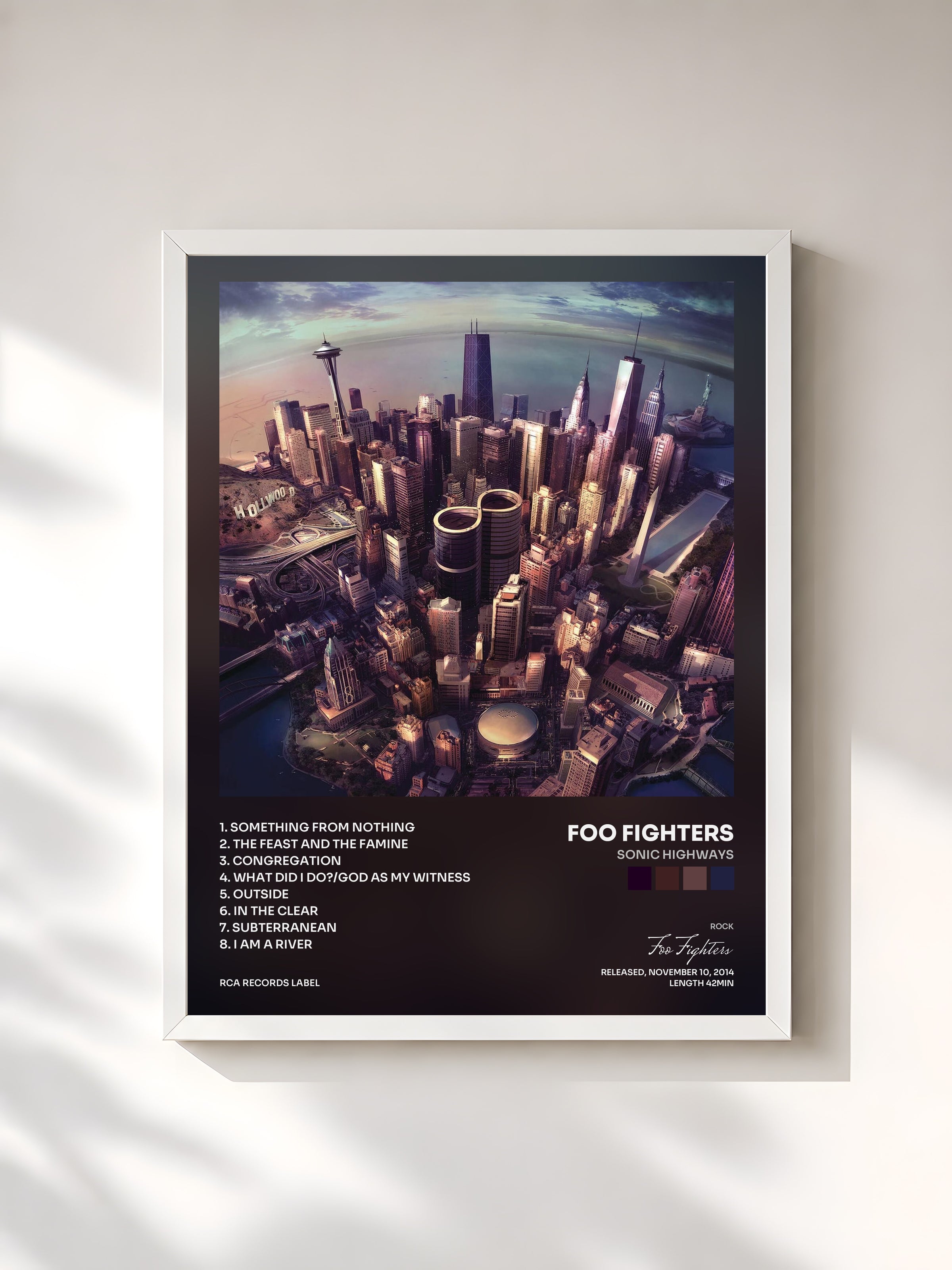 #blanc Tableau de l'album Sonic Highways de Foo Fighters, cadre blanc, imprimé et encadré en France