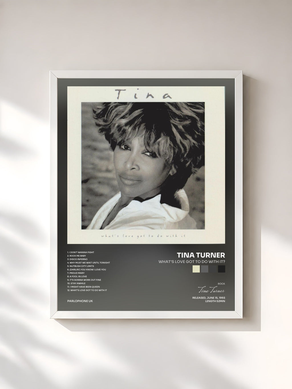 #blanc What's Love Got to Do with It? von Tina Turner als gerahmter Kunstdruck, weißer Rahmen, gedruckt und gerahmt in Frankreich