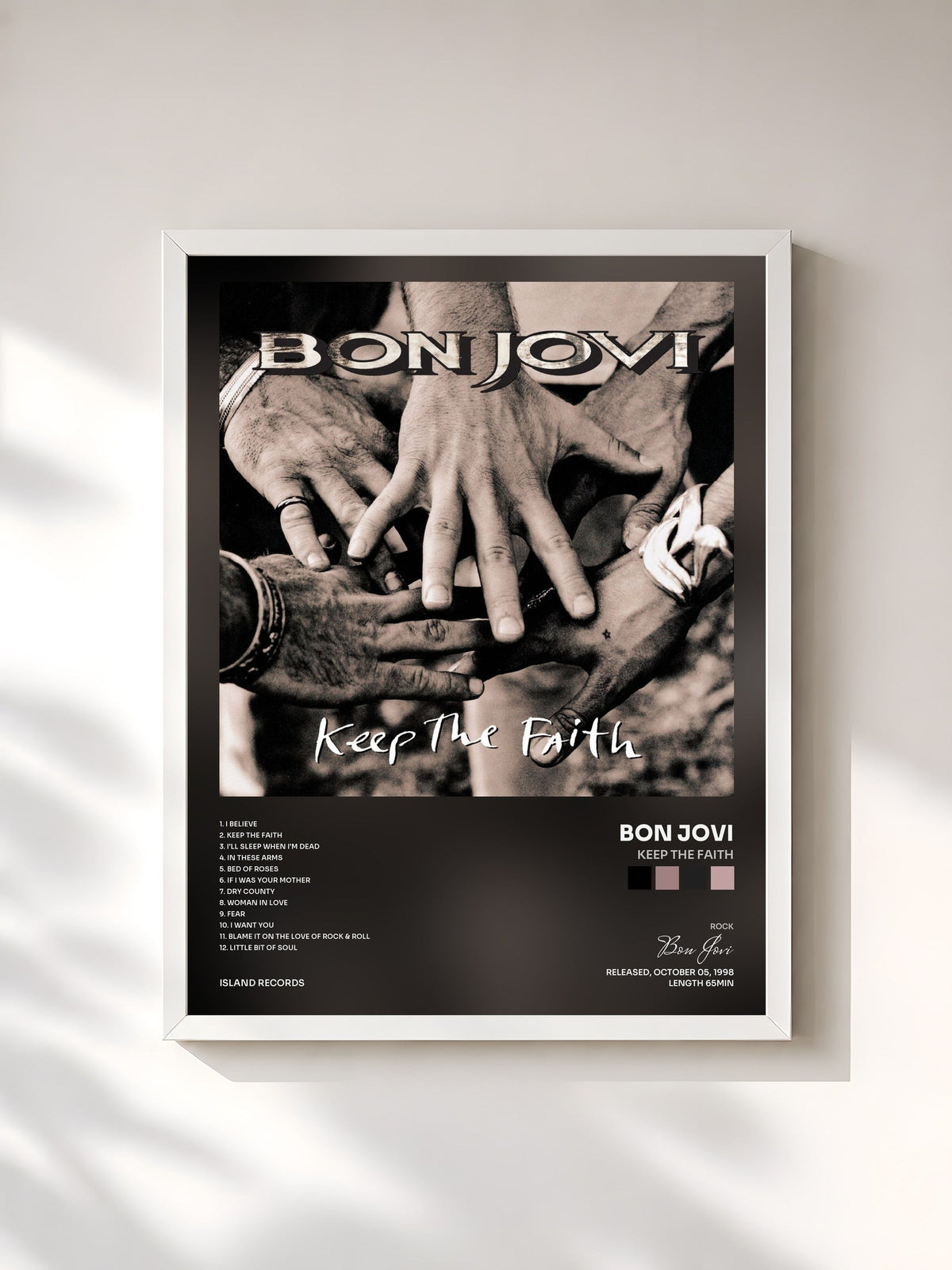 #blanc Tableau de l'album Keep The Faith de Bon Jovi, cadre blanc, imprimé et encadré en France
