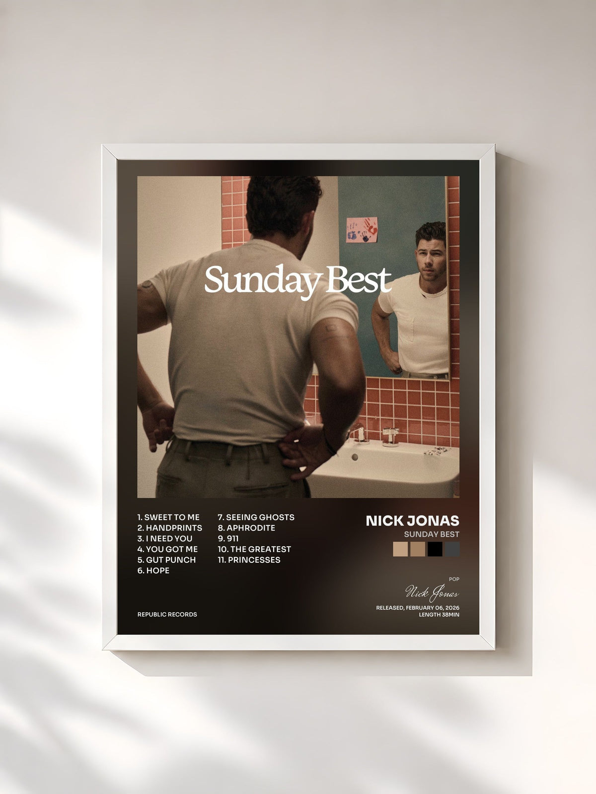 #blanc Sunday Best von Nick Jonas als gerahmter Kunstdruck, weißer Rahmen, gedruckt und gerahmt in Frankreich