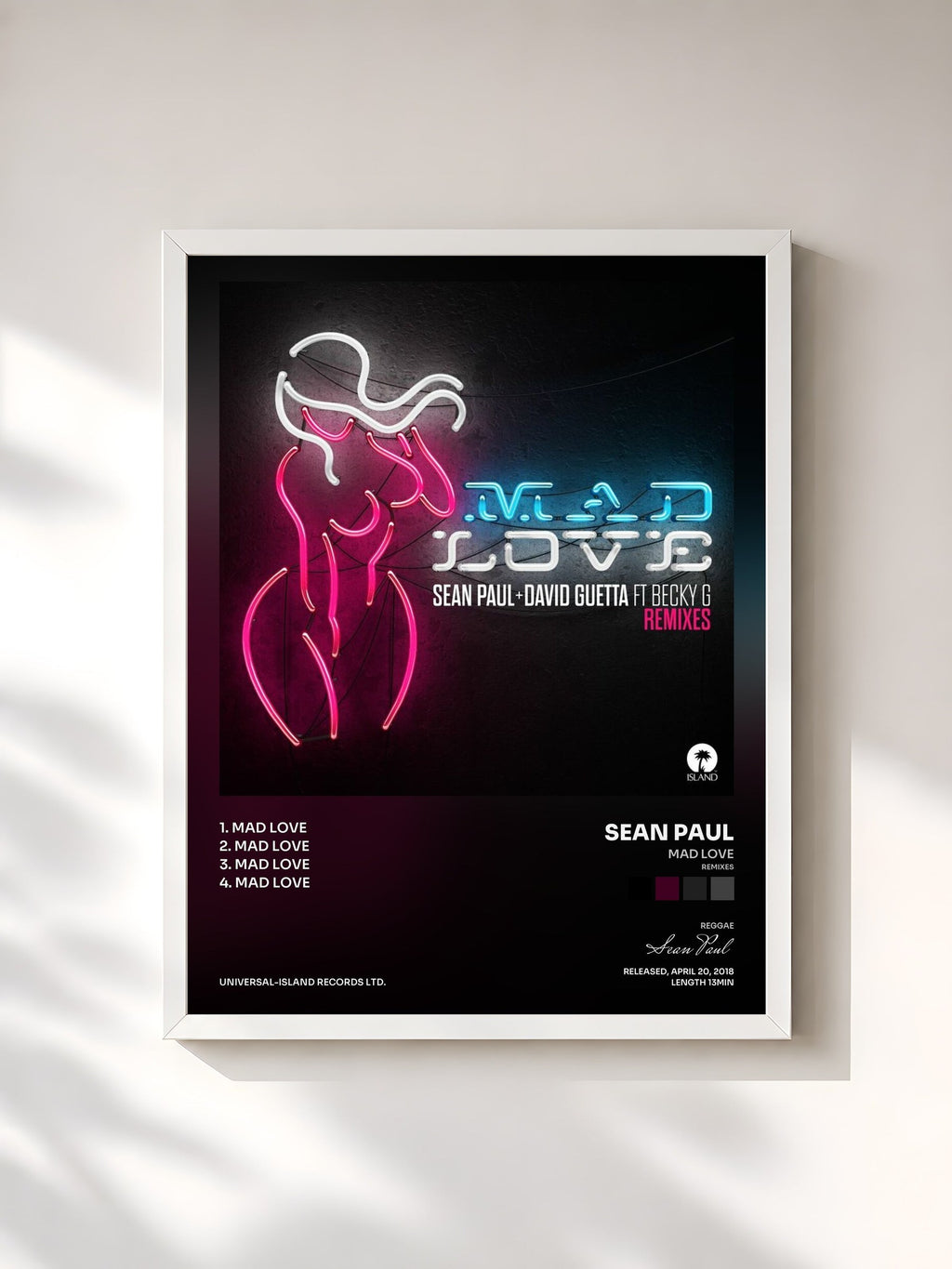 #blanc Mad Love (Remixes) de Sean Paul en lámina enmarcada, marco blanco, impresa y enmarcada en Francia
