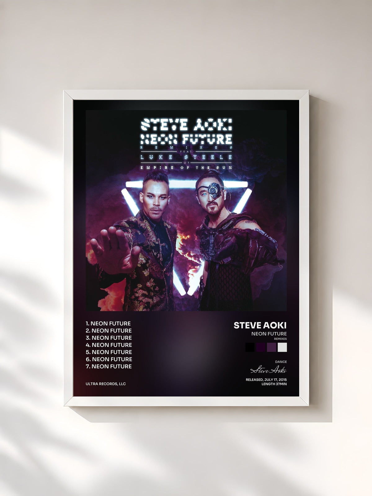 #blanc Tableau de l'album Neon Future (Remixes) de Steve Aoki, cadre blanc, imprimé et encadré en France