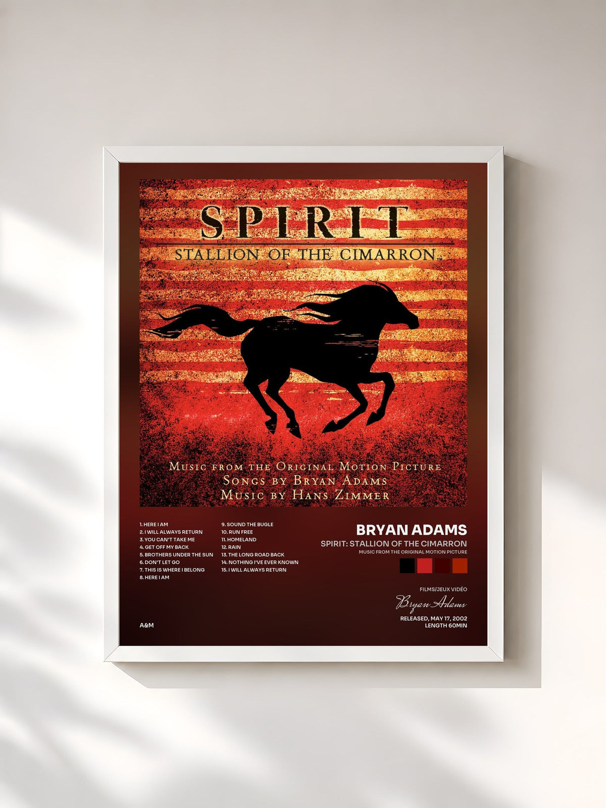 #blanc Spirit: Stallion Of The Cimarron (Music From The Original Motion Picture) de Bryan Adams en lámina enmarcada, marco blanco, impresa y enmarcada en Francia