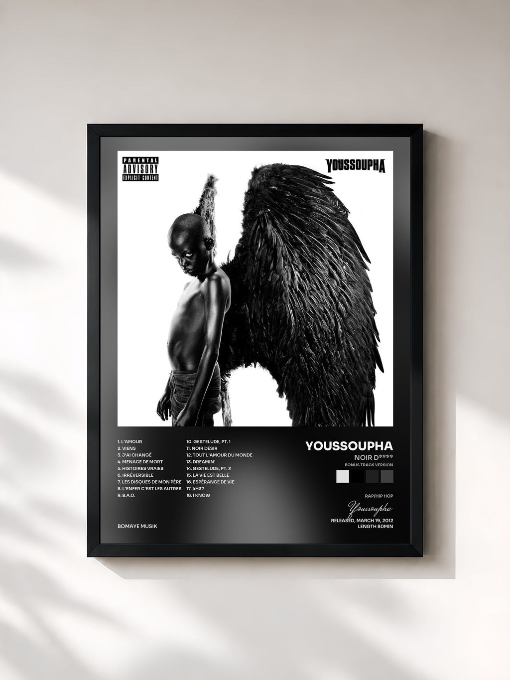 #noir Tableau de l'album Noir D**** (Bonus Track Version) de Youssoupha, cadre noir, imprimé et encadré en France