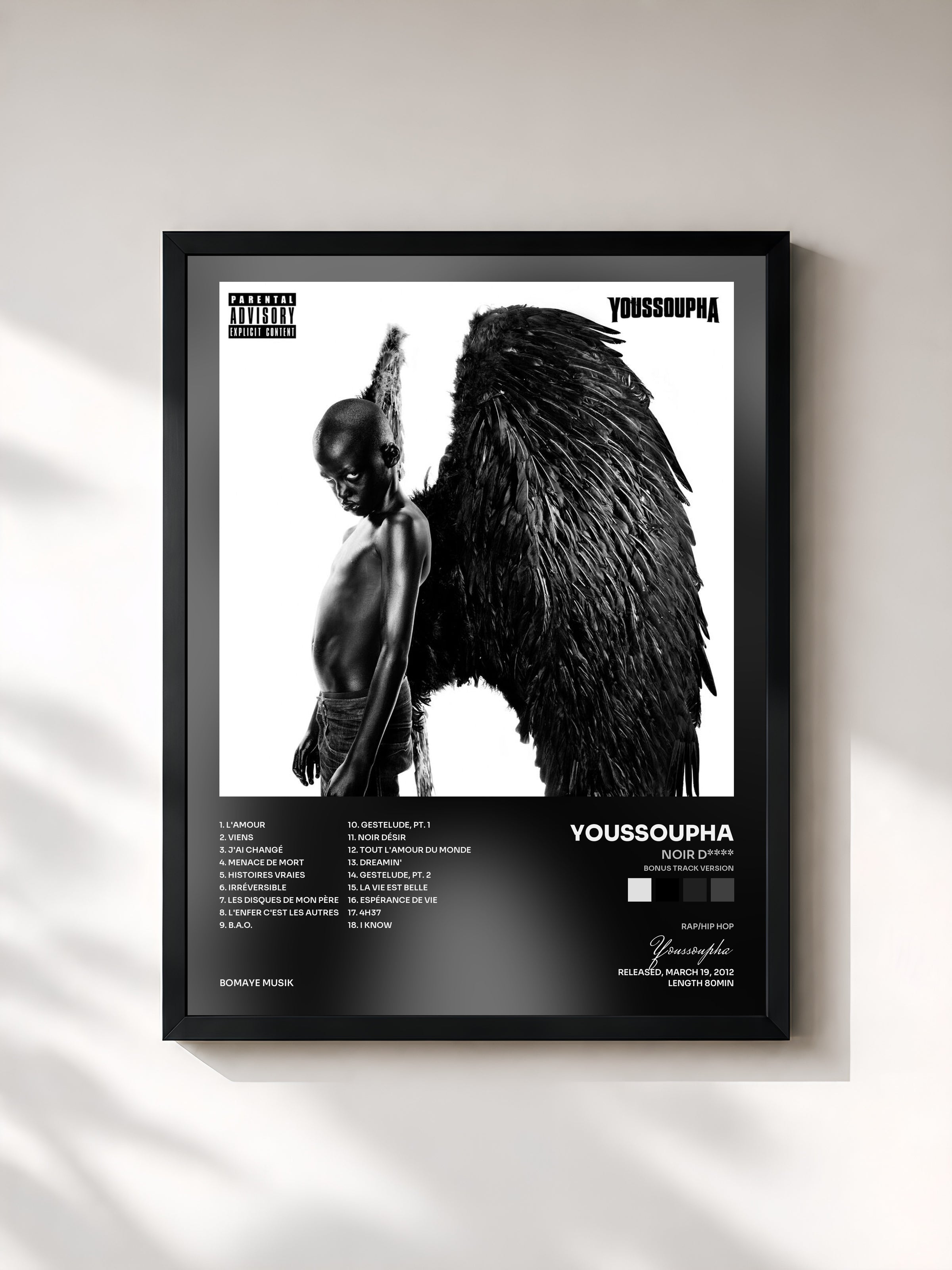 #noir Tableau de l'album Noir D**** (Bonus Track Version) de Youssoupha, cadre noir, imprimé et encadré en France