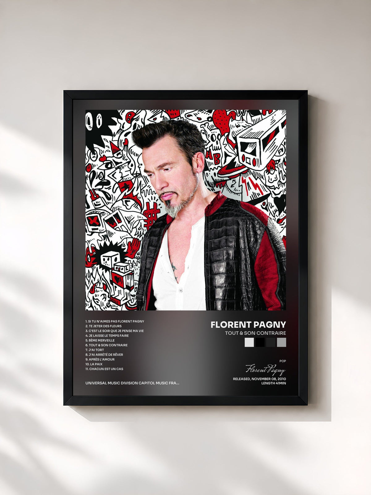 #noir Tableau de l'album Tout & Son Contraire de Florent Pagny, cadre noir, imprimé et encadré en France