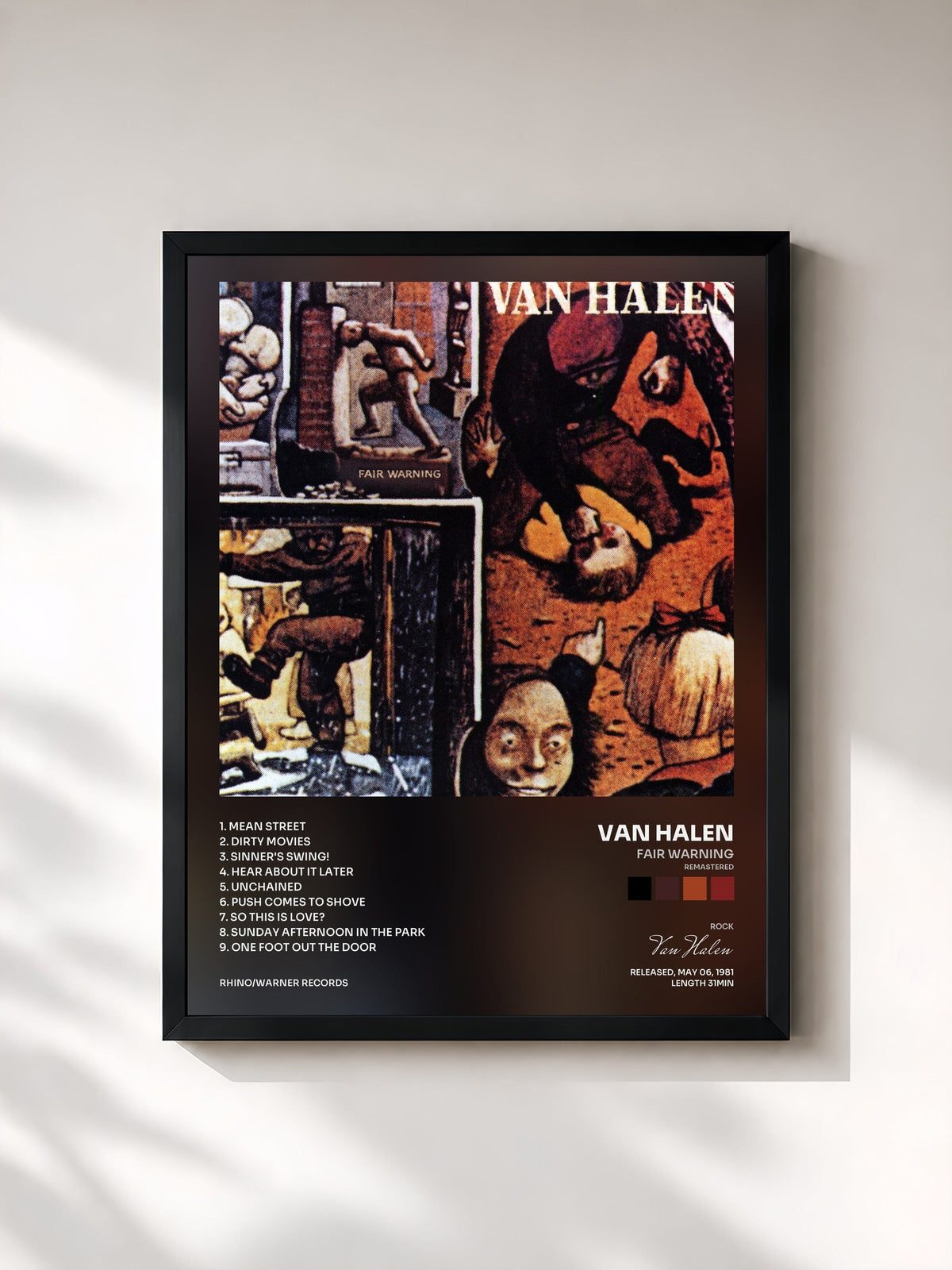 #noir Tableau de l'album Fair Warning (Remastered) de Van Halen, cadre noir, imprimé et encadré en France