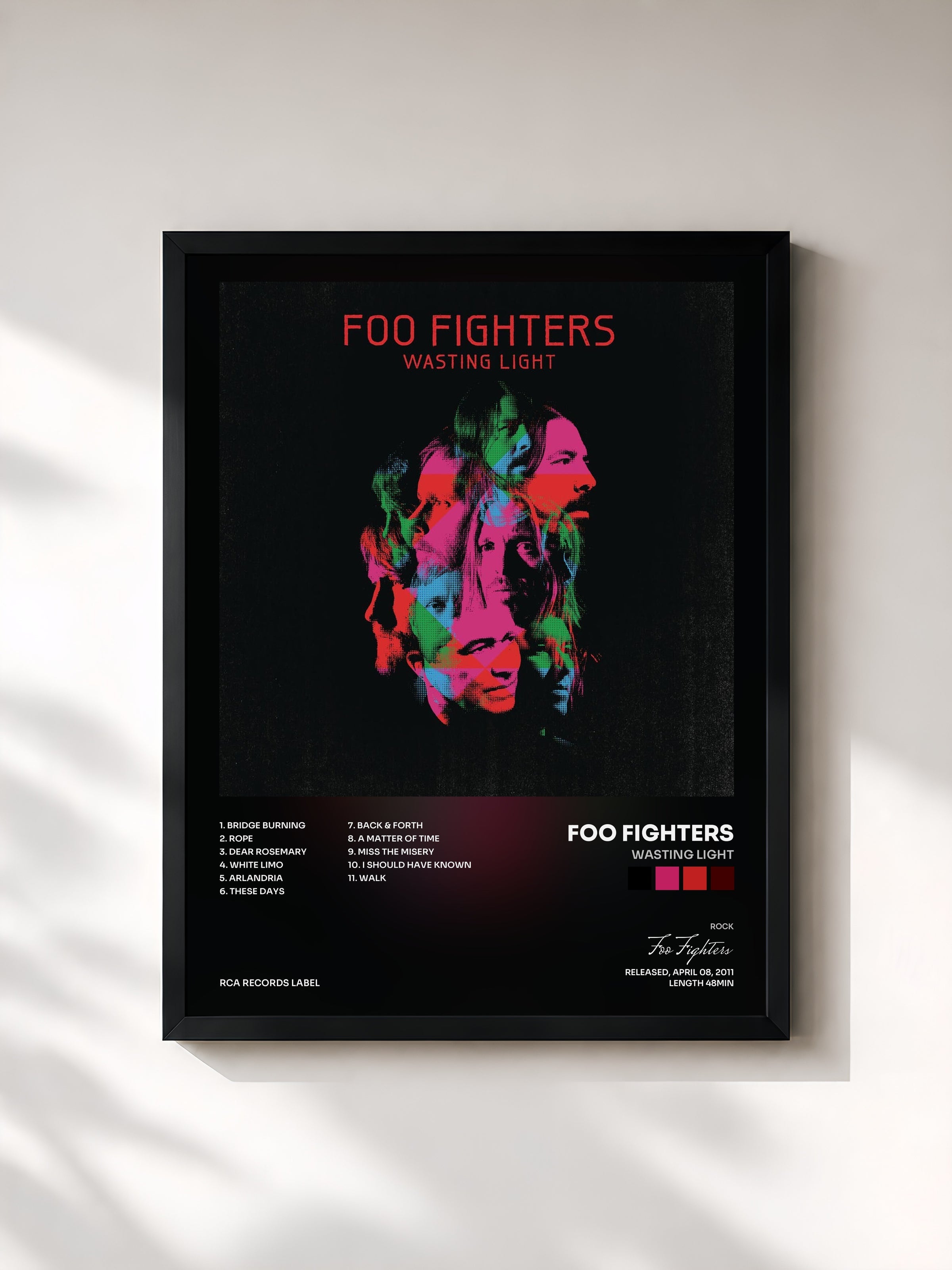 #noir Tableau de l'album Wasting Light de Foo Fighters, cadre noir, imprimé et encadré en France