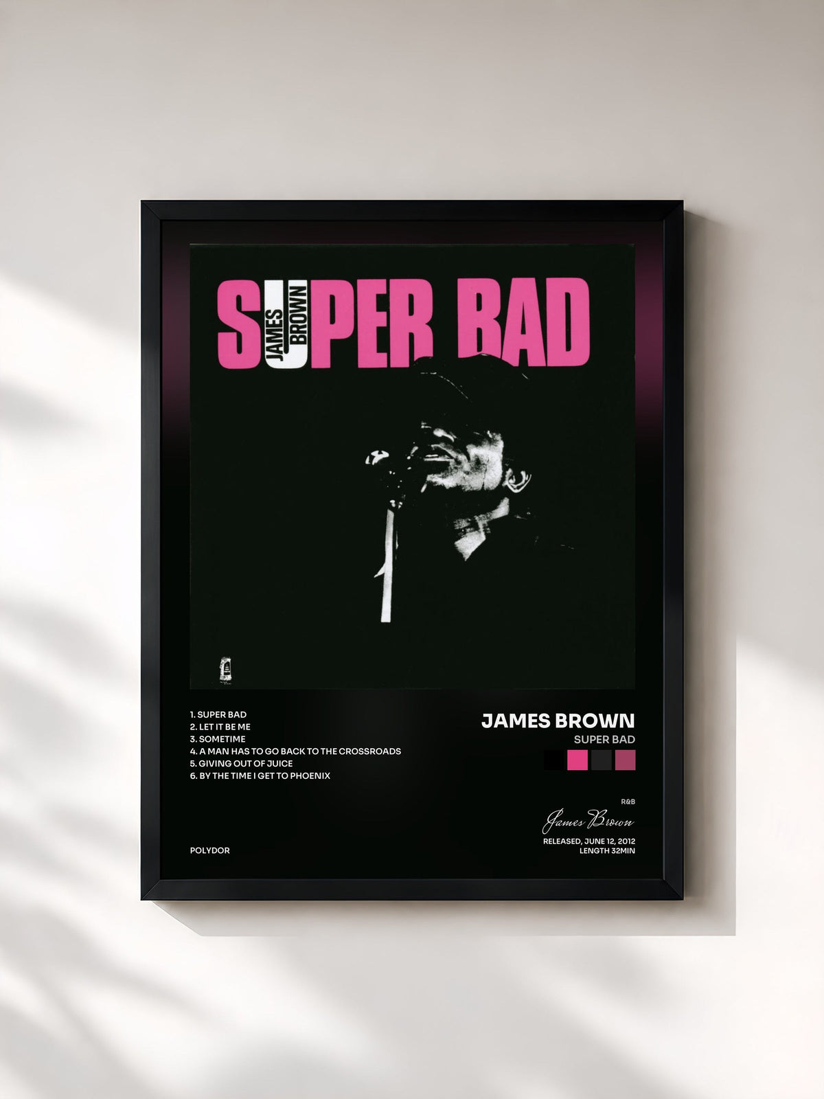 #noir Tableau de l'album Super Bad de James Brown, cadre noir, imprimé et encadré en France