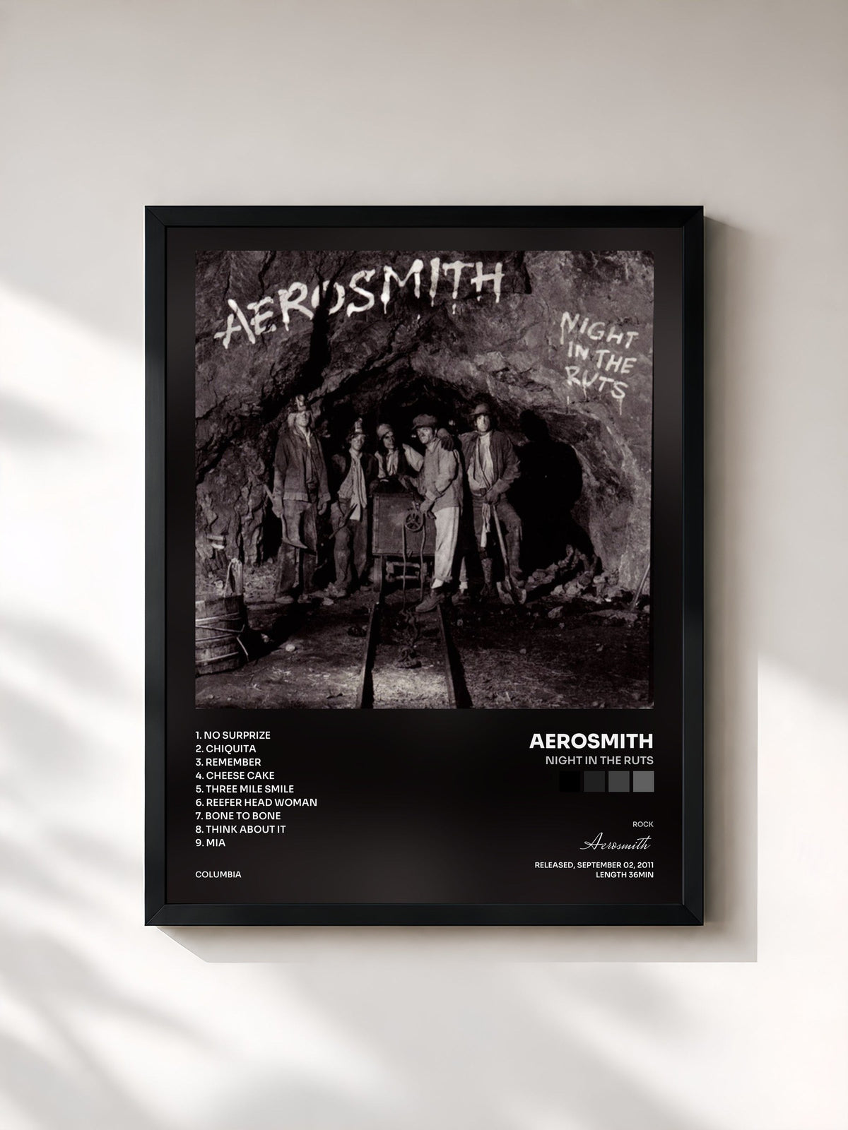 #noir Tableau de l'album Night In The Ruts de Aerosmith, cadre noir, imprimé et encadré en France