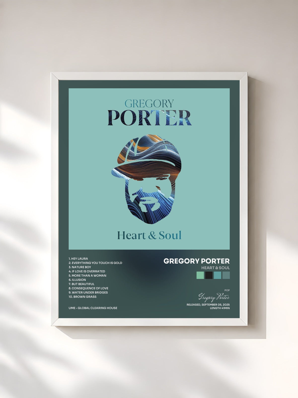 #blanc Heart & Soul by Gregory Porter as a framed art print, white frame, printed and framed in France