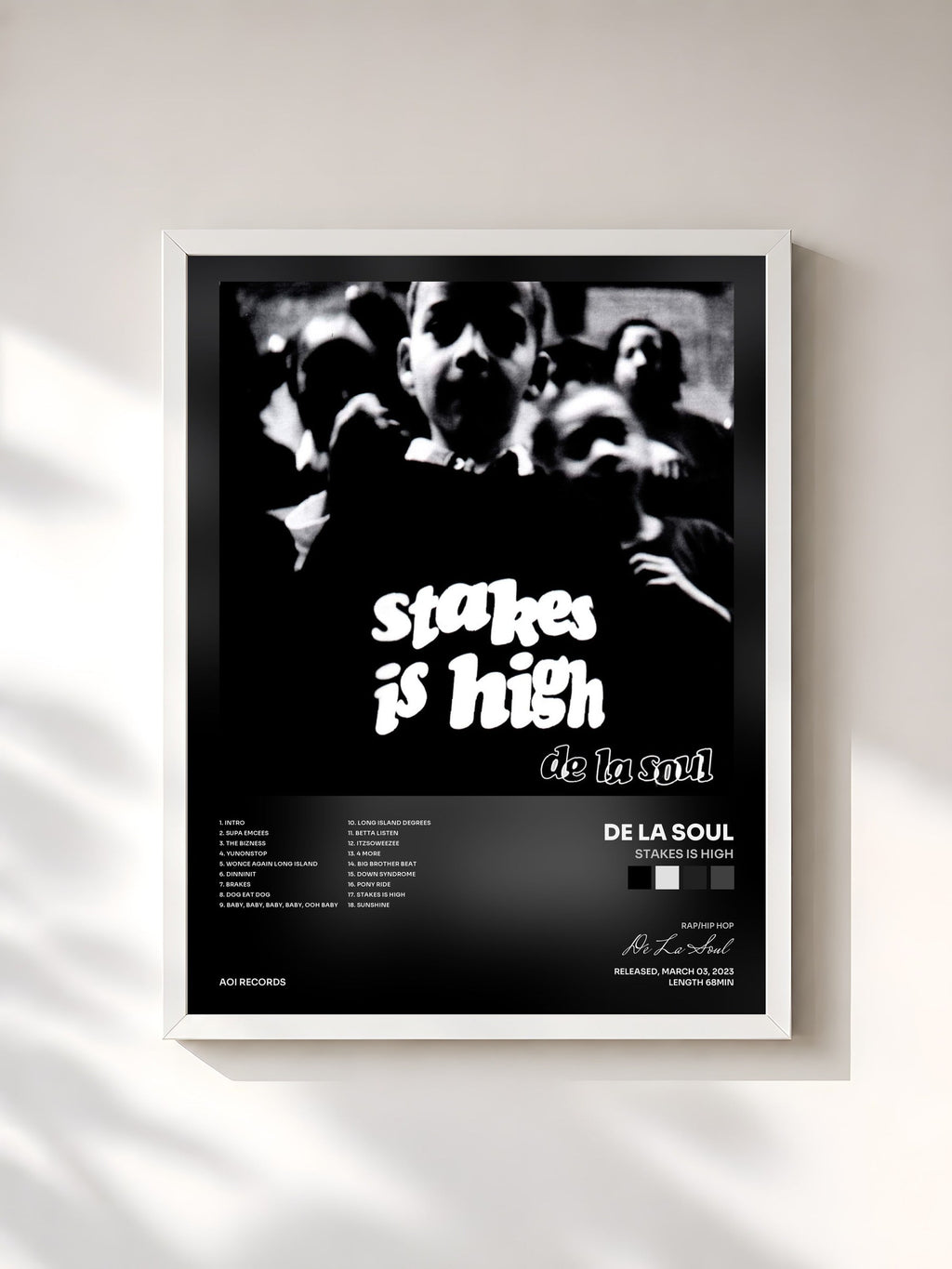 #blanc Tableau de l'album Stakes Is High de De La Soul, cadre blanc, imprimé et encadré en France