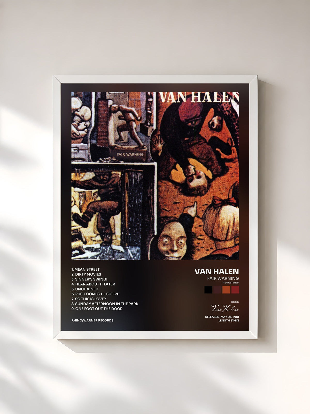 #blanc Tableau de l'album Fair Warning (Remastered) de Van Halen, cadre blanc, imprimé et encadré en France